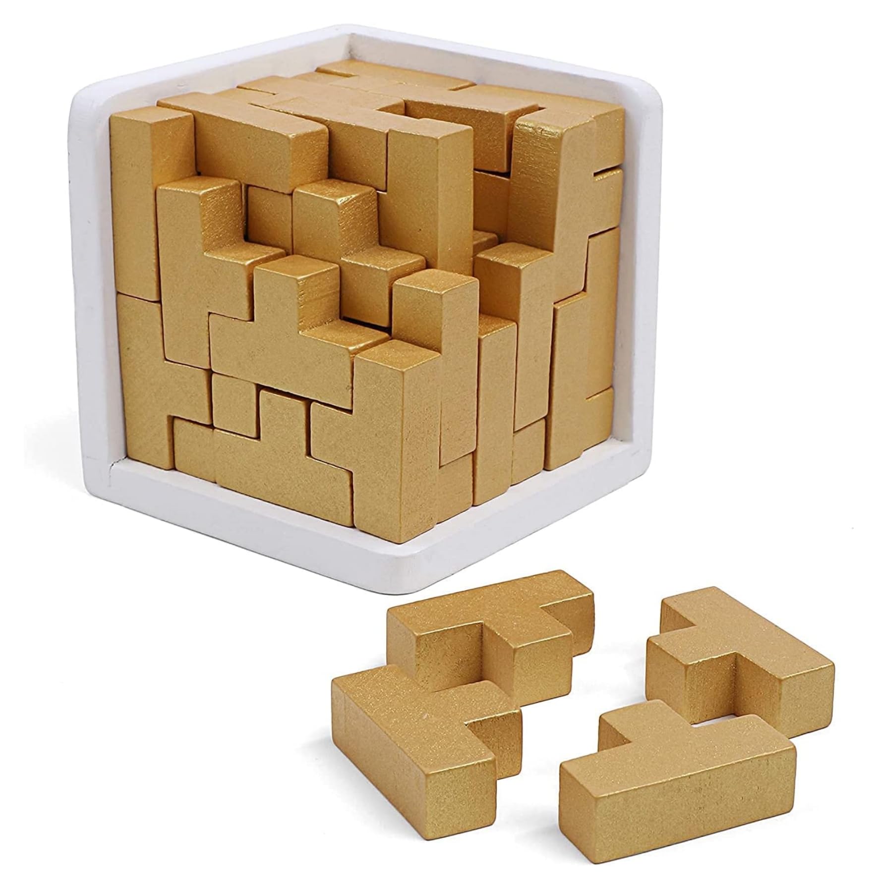 PYEBEOriginal 3D Wooden Brain Teaser Puzzle Genius Skills Builder T-Shape Pieces. Educational Toy for Kids and Adults. Gift Desk Puzzles (Golden Edition)