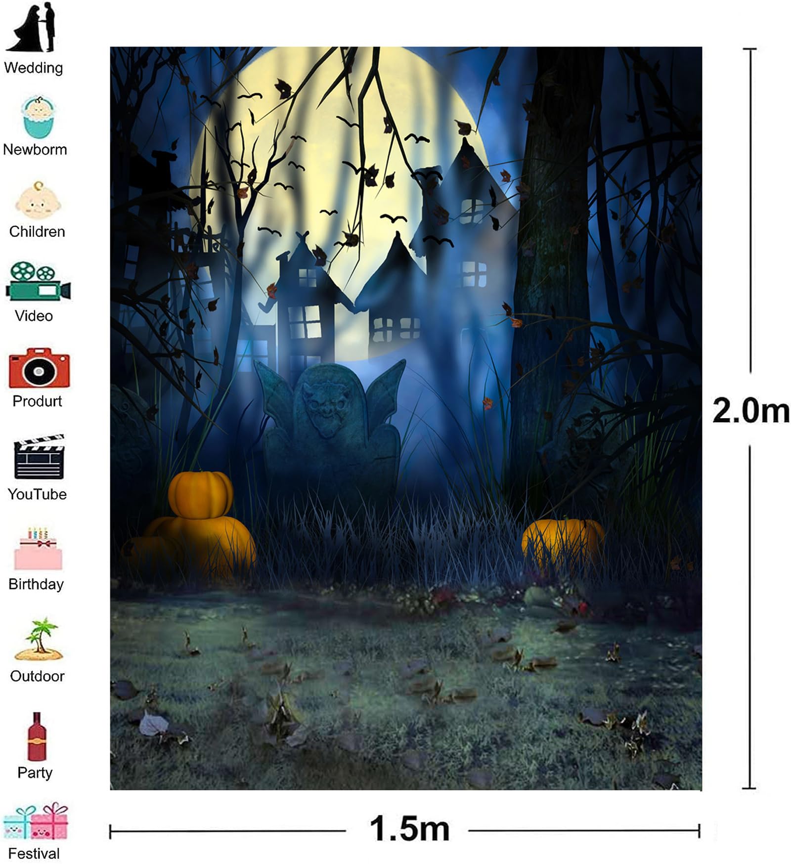 Toile De Fond Rétro Halloween 2,1x1,5 M - Maison En Bois, Forêt, Citrouille, Sorcière - Polyester, œillets - Pour Photo, Fête