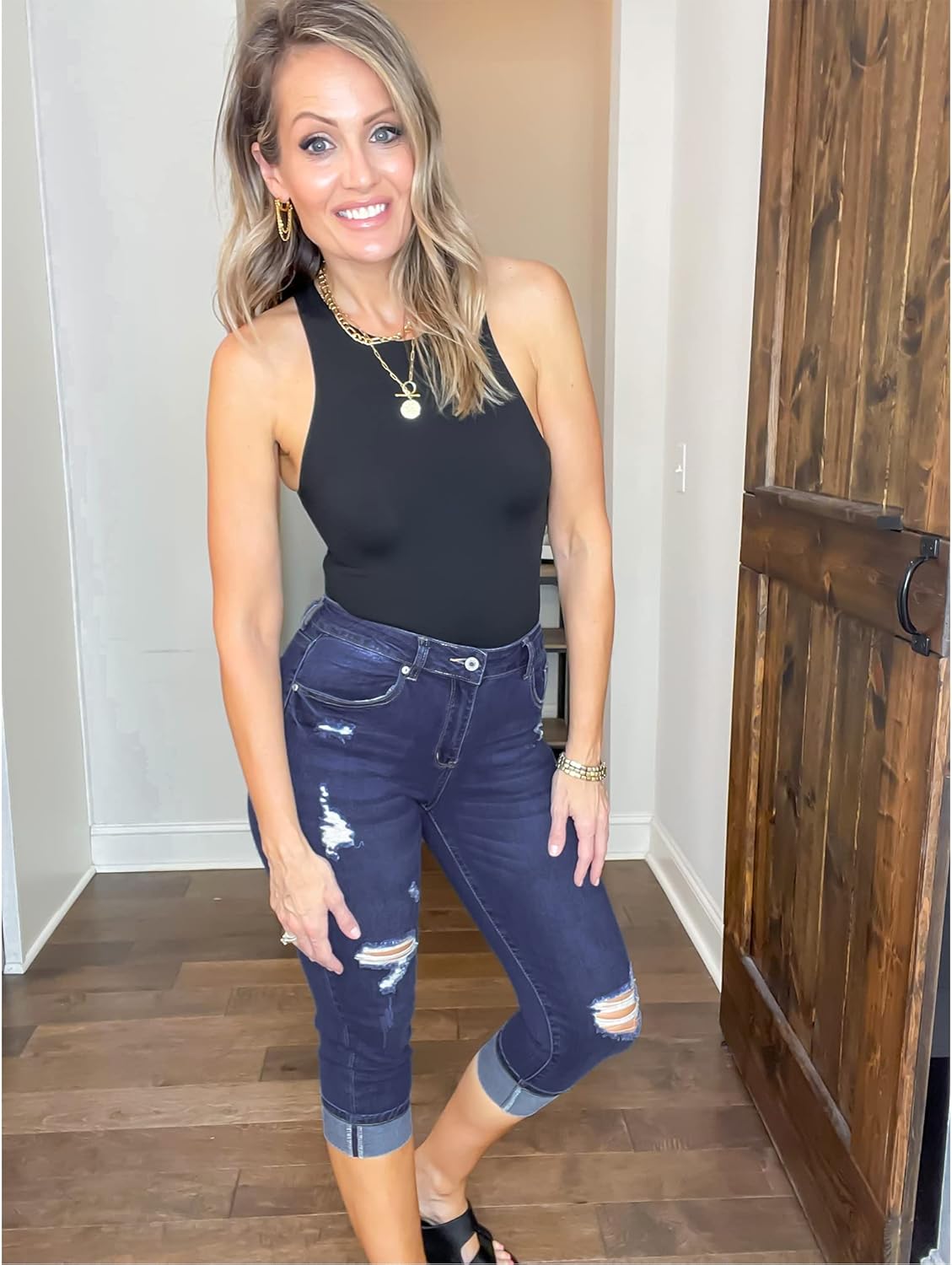 luvamia Capri Jeans for Women Stretch High Waisted Distressed Denim Capris Ripped Skinny Cropped Pants - Image 2