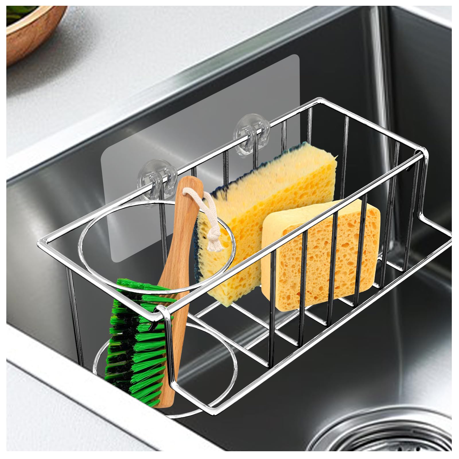 Vaytong3-in-1 Sponge Holder for Kitchen Sink, with Detachable Rod for Hanging Cloths, Kitchen Sink Caddy Organizer Rack, Dish Cloths, Sponge, Brush, Scrubber, Soap Tray, 304 Stainless Steel, White
