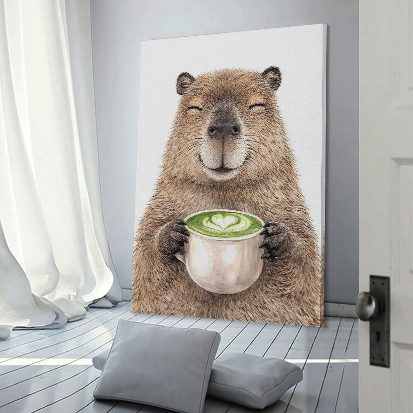 Junmoney Capybara Enjoying Matcha Latte Room Decor Wall Art, 20x30inch(50x75cm), for Front Hall, Corridor Or Welcome Spaces, A Neat Decor Update for Hallways