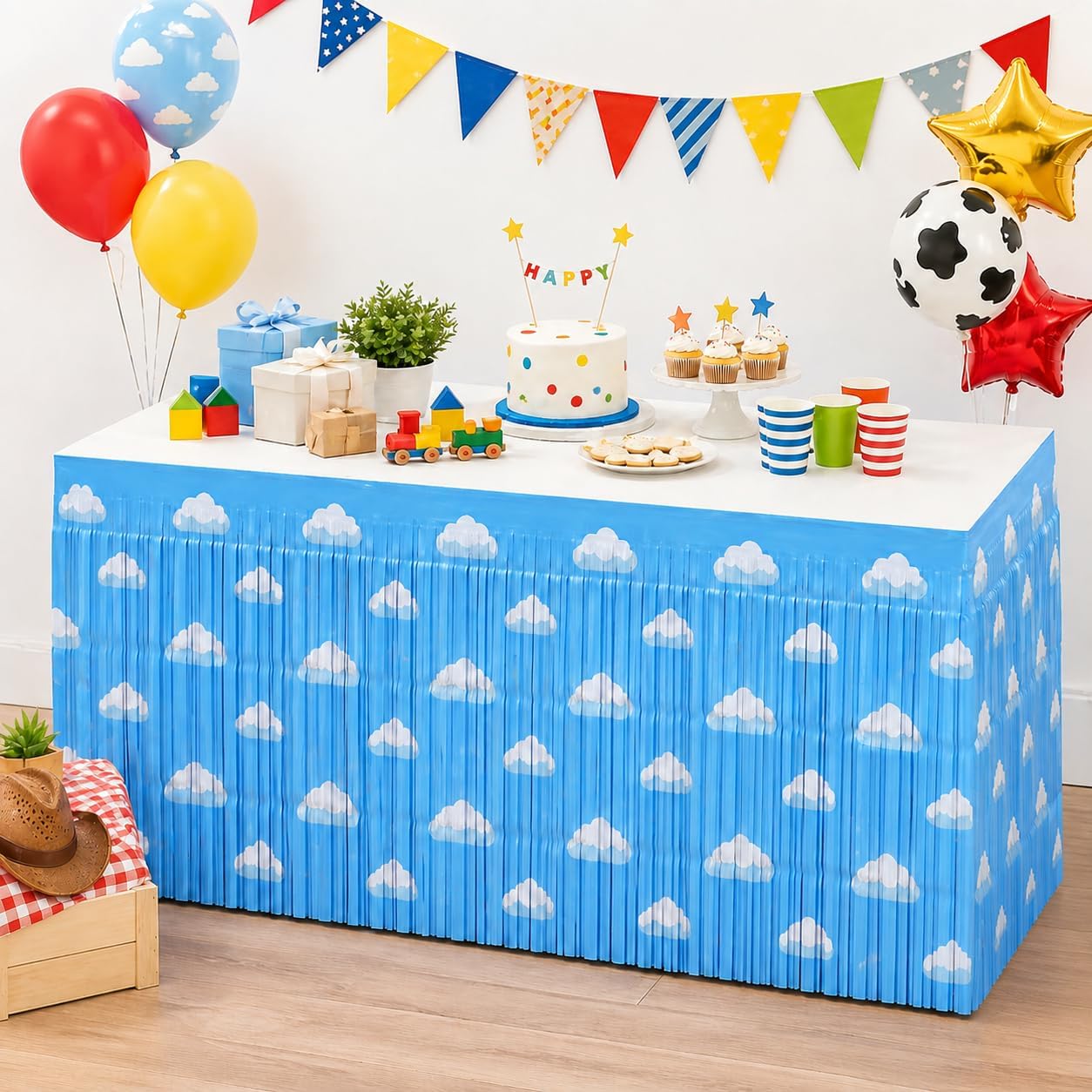Blue Sky White Clouds Fringe Table Skirt Birthday Party Decorations, 2 PCS