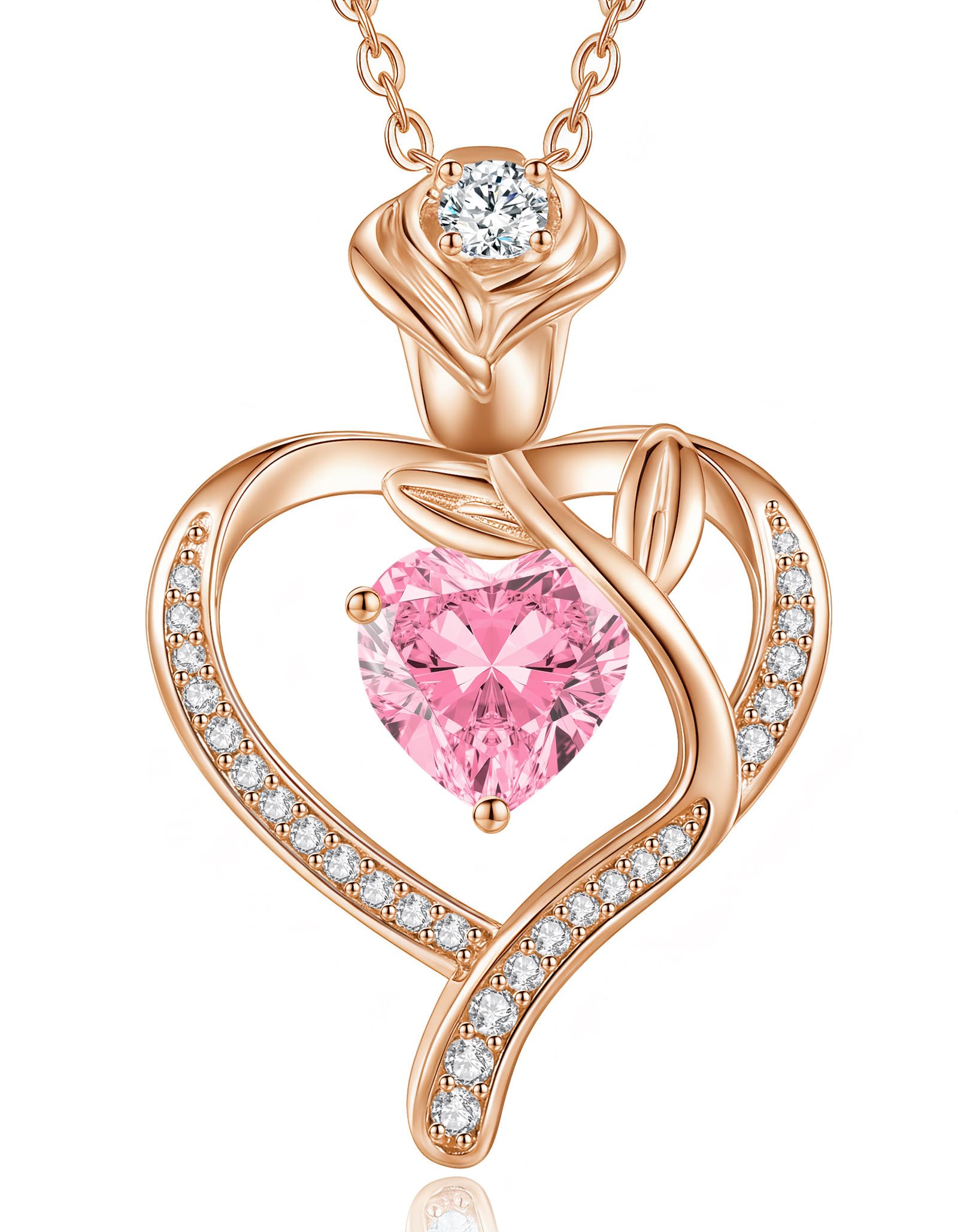 CDE Collana donna rosa d'amore ciondolo cuore argento 925 regalo donna, 45+5cm, placcato rodio oro rosa, Zirconie sintetico | Cristalli Pietra di Nascita Regali Idee per Lei Natale Compleanno San Valentino per Mamma Fidanzata Amore Nonna