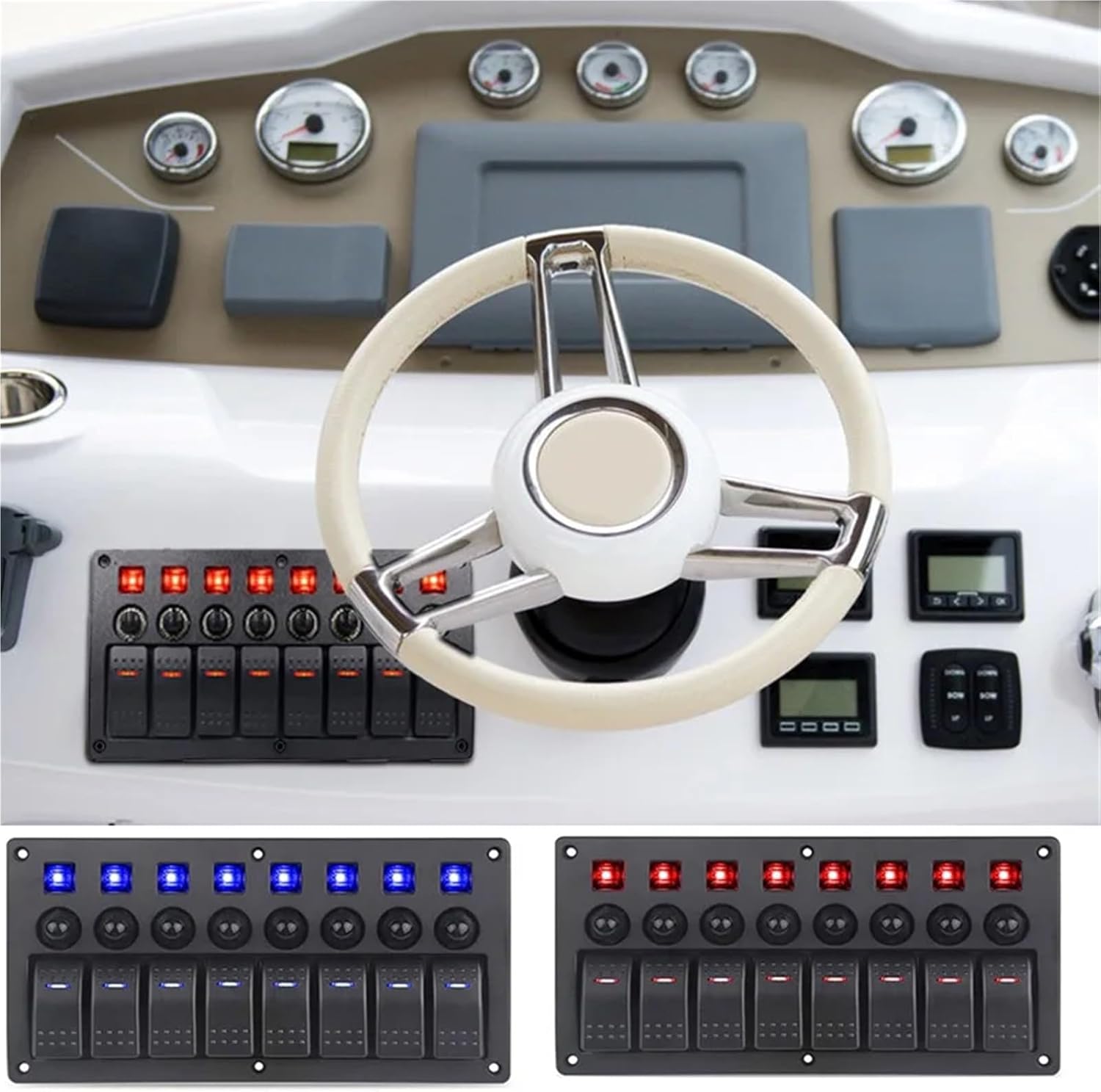 8 Gang Rocker Switch Panel for Boat Marine Car 12V 24V Waterproof On-Off 5pin 12v Led Panel Switch with Sticker Set(Green)