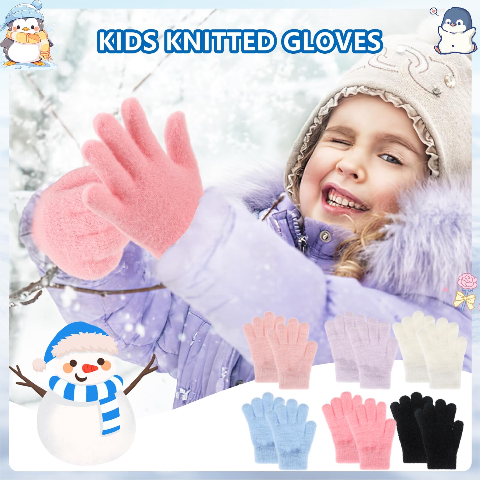 QKURT 6 Pares de Guantes Cálidos de Invierno para Niños, Guantes Infantiles de Colores Lisos con Dedos Completos, Guantes Elásticos de Invierno para Niños y Niñas de 4 a 10 años