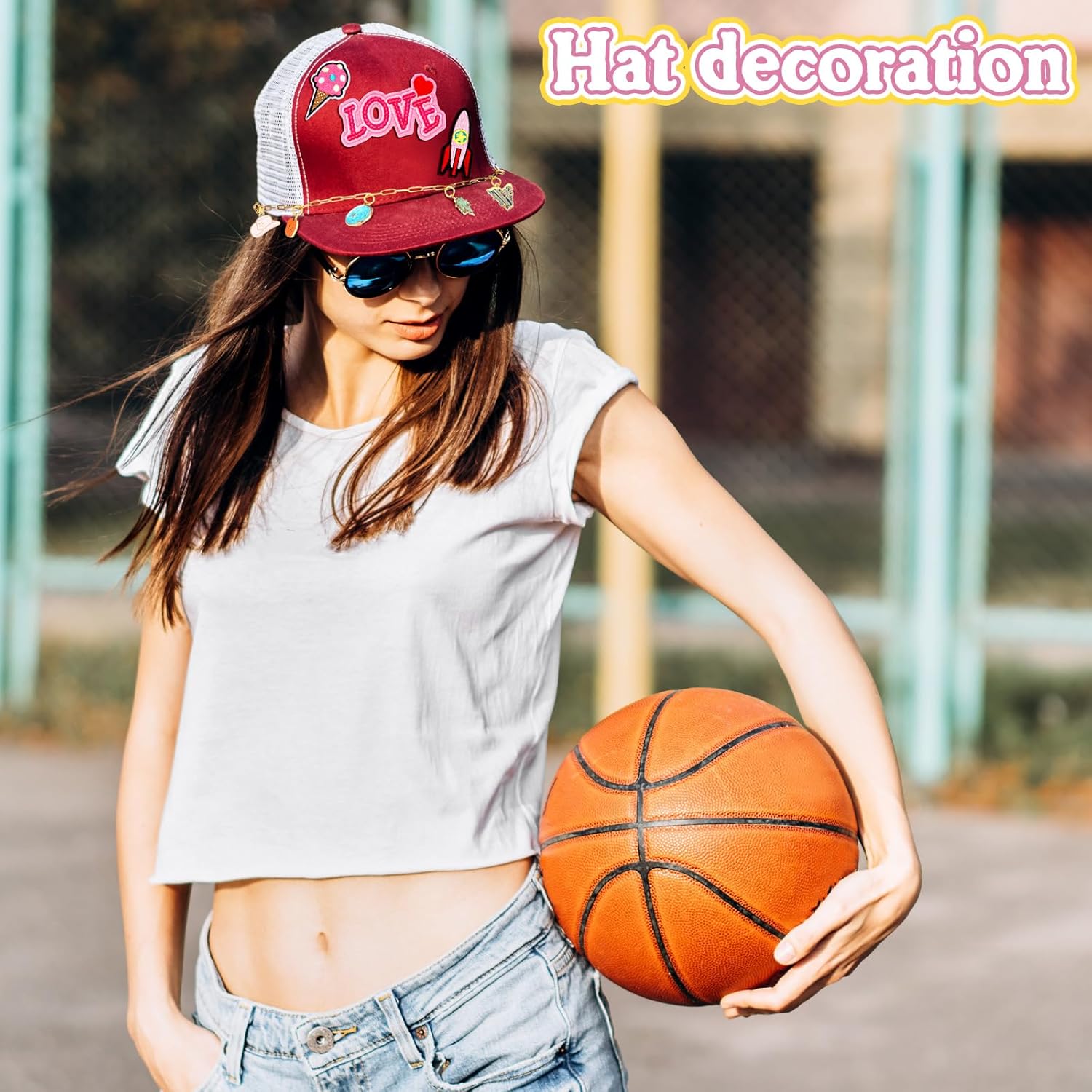 Quelay 91pcs Trucker Hat Chains Steel Detachable DIY Chains with Trucker Hat Charms Pink Embroidered Patches Enamel Pendant for Women Embellishments for Mesh Baseball Cap Accessories Bulk - Image 5