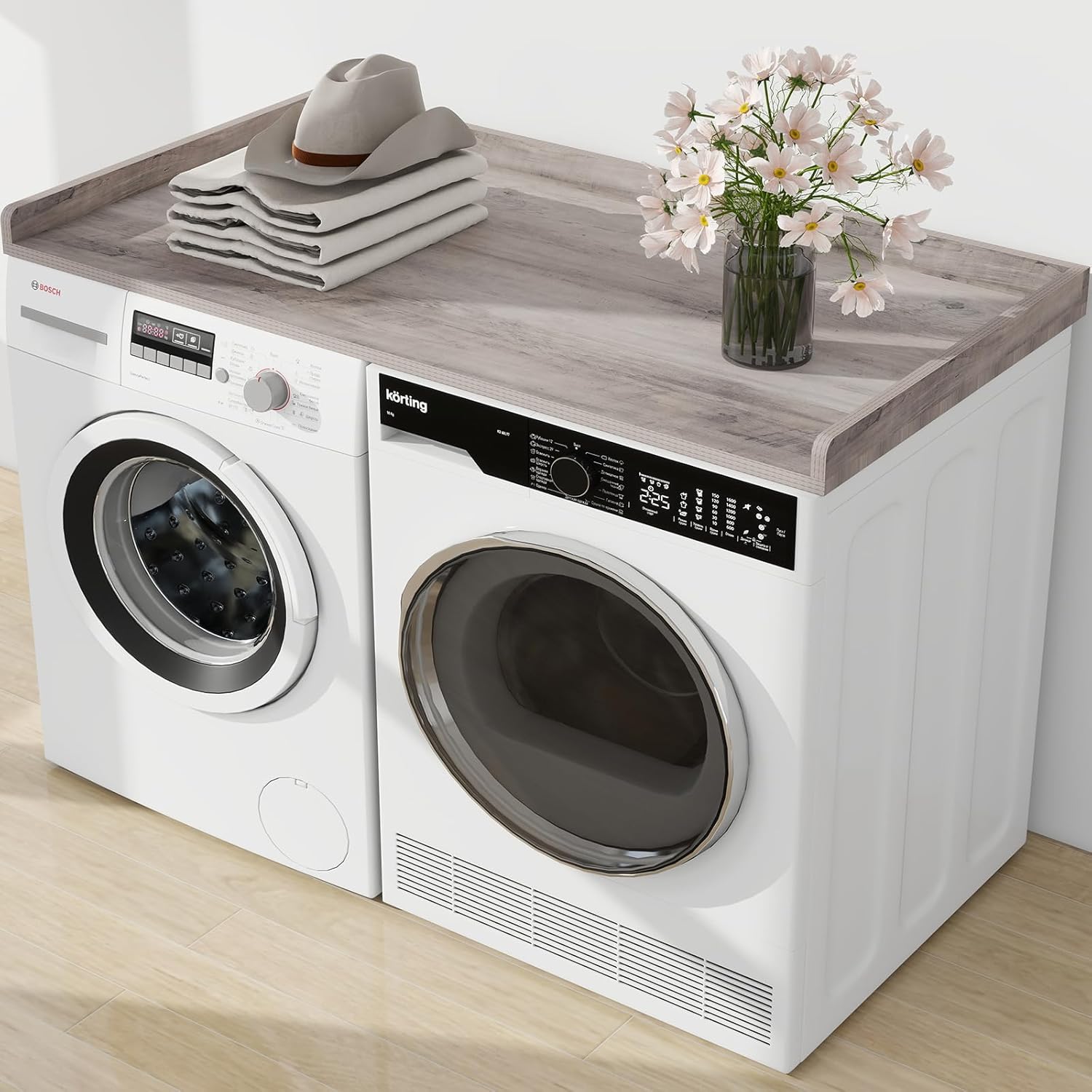 Washer Dryer Countertop, Laundry Wood Shelf Topper with Edge, 27.6" Depth x 54" Width Cover Guard Organizer for Washer and Dryer Top Laundry Counter Storage Organization Greige