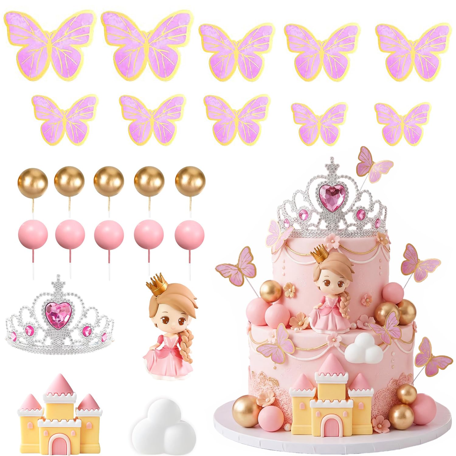 Tazuxetuqe 24 Pieces Princess Castle Cake Topper Princess Cake Decorations with Crown Cake Topper for Princess Birthday Party