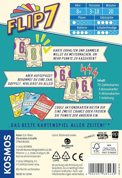Kosmos 685430 Flip 7, deutsche Ausgabe, Kartenspiel mit schnellem und einfachen Black Jack Prinzip, für 3-18 Personen ab 8 Jahren, Spiel für große Gruppen, nominiert zum Spiel des Jahres 2025 - 2