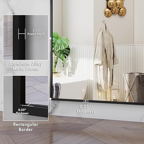 Miniatura 4 de LUSABE Espejo de baño con marco negro de 48 x 32 pulgadas, espejo de tocador de baño negro mate, espejo de pared rectangular grande, antioxidante,