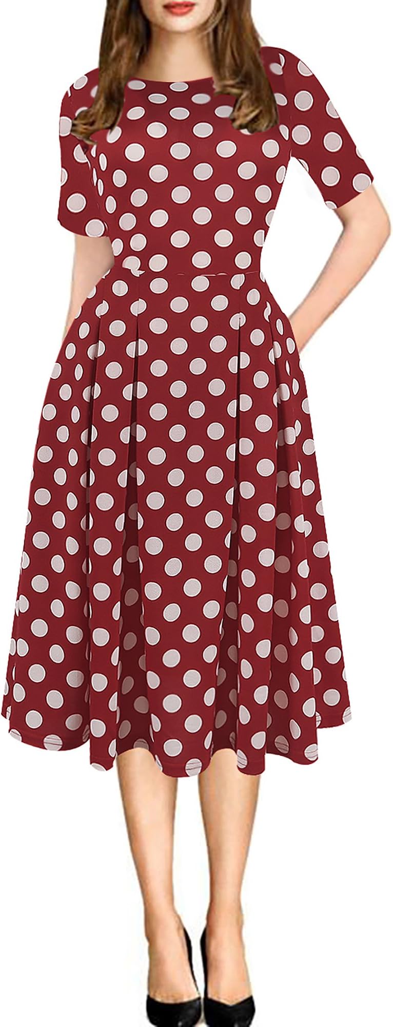 Women's Vintage Patchwork Pockets Puffy Swing Casual Party Dress OX165