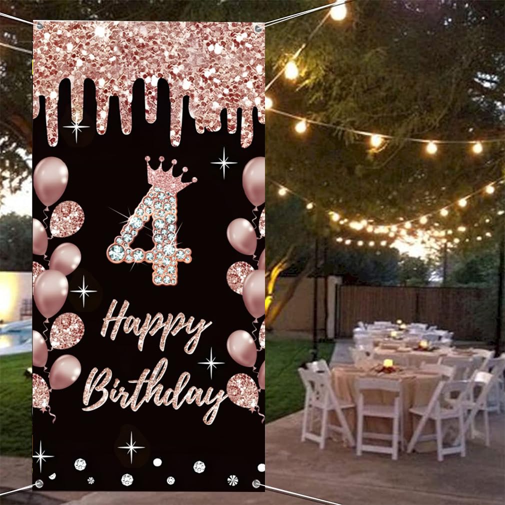 Poster Tela Sfondo Per Decorazione Festa 4° Compleanno Ragazza - 120x80 Cm - Tema Rosa E Oro - Banner Con Occhielli Per Anniversario