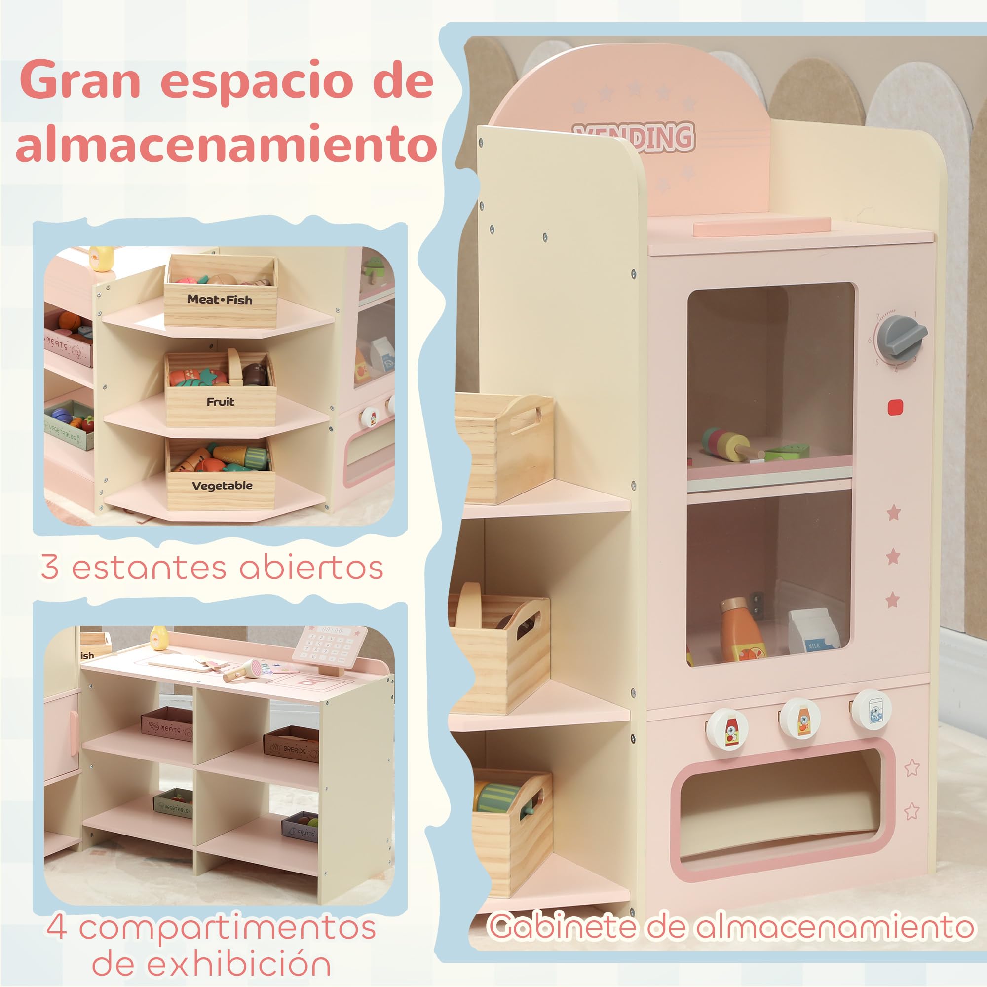 AIYAPLAY Supermercado Juguete Madera con Caja Registradora Rosa