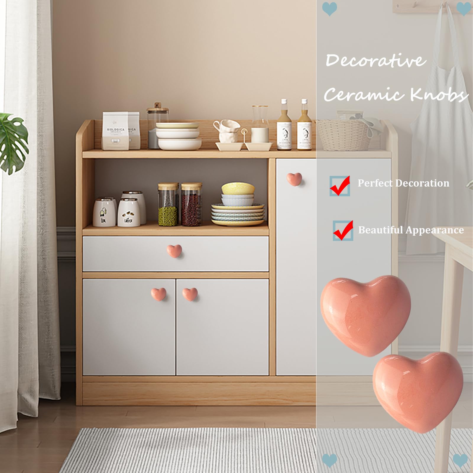 Mimhooy 4 Pack Pink Ceramic Drawer Knobs Decorative Cabinet Knobs, Heart Shaped Cupboard Knobs, Knobs for Cupboards & Draws - Image 4