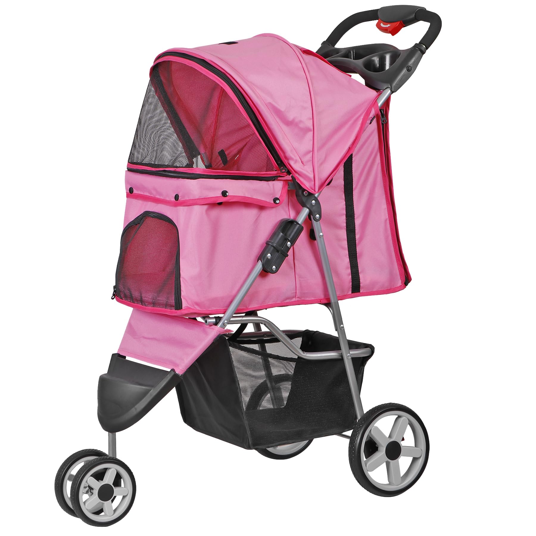 LEMY Foldable Pet Stroller,3 Wheels Cat/Dog Stroller with Weather Cover for Small/Medium Dogs and Cats,Pink Pet Strolling Cart with Storage Basket and