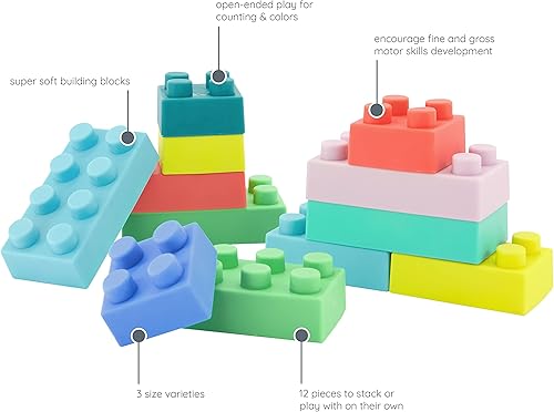 Miniatura 4 de Infantino Bloques de construcción súper suaves fáciles de sostener para bebés y niños pequeños sin BPA multicolor juego de 12 piezas