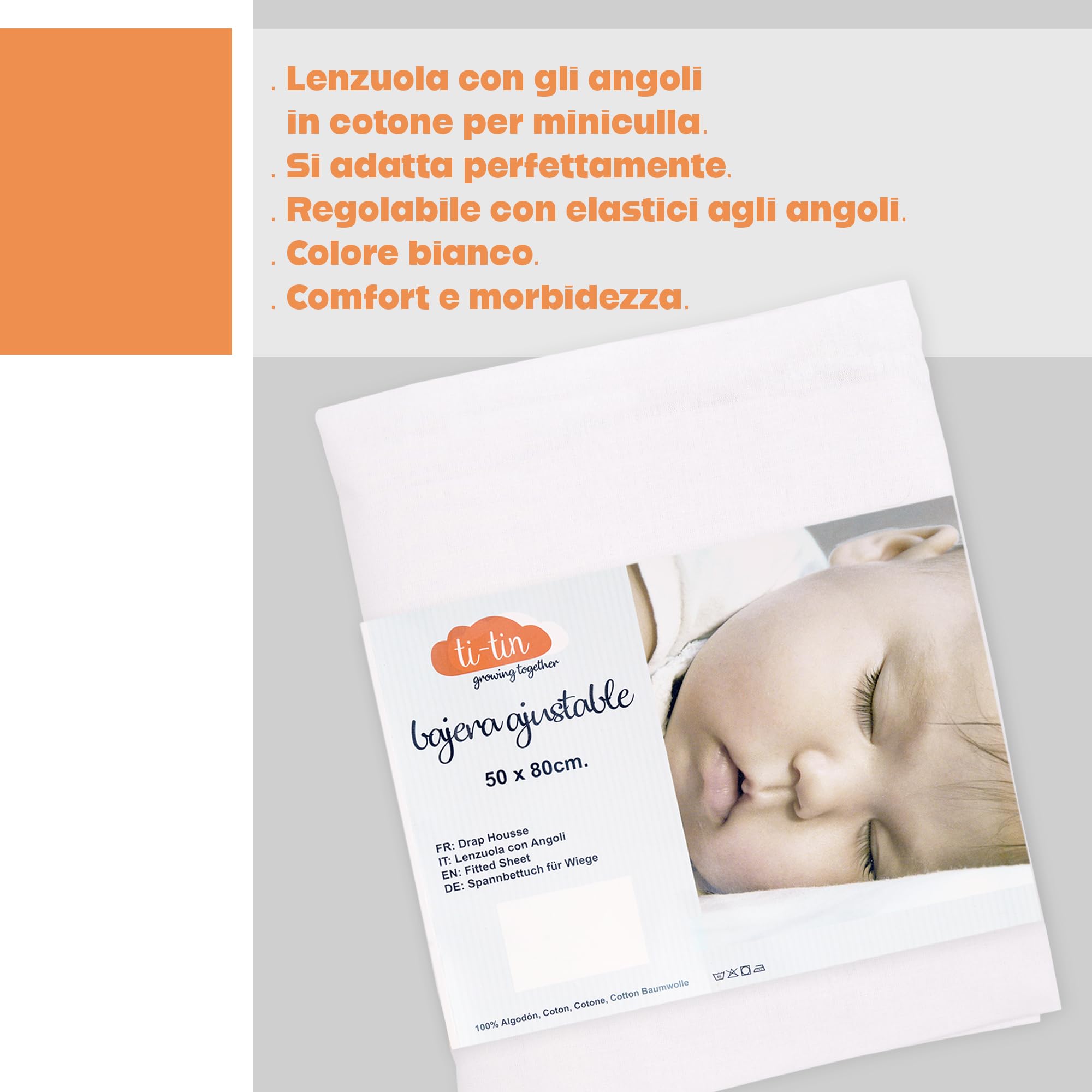 Ti TIN Confezione Da 2 Lenzuola con Angoli Per Culla 100% Cotone | Set Di 2 Lenzuola Elasticizzate Regolabili, 50x83 cm, 2 Lenzuola Bianca