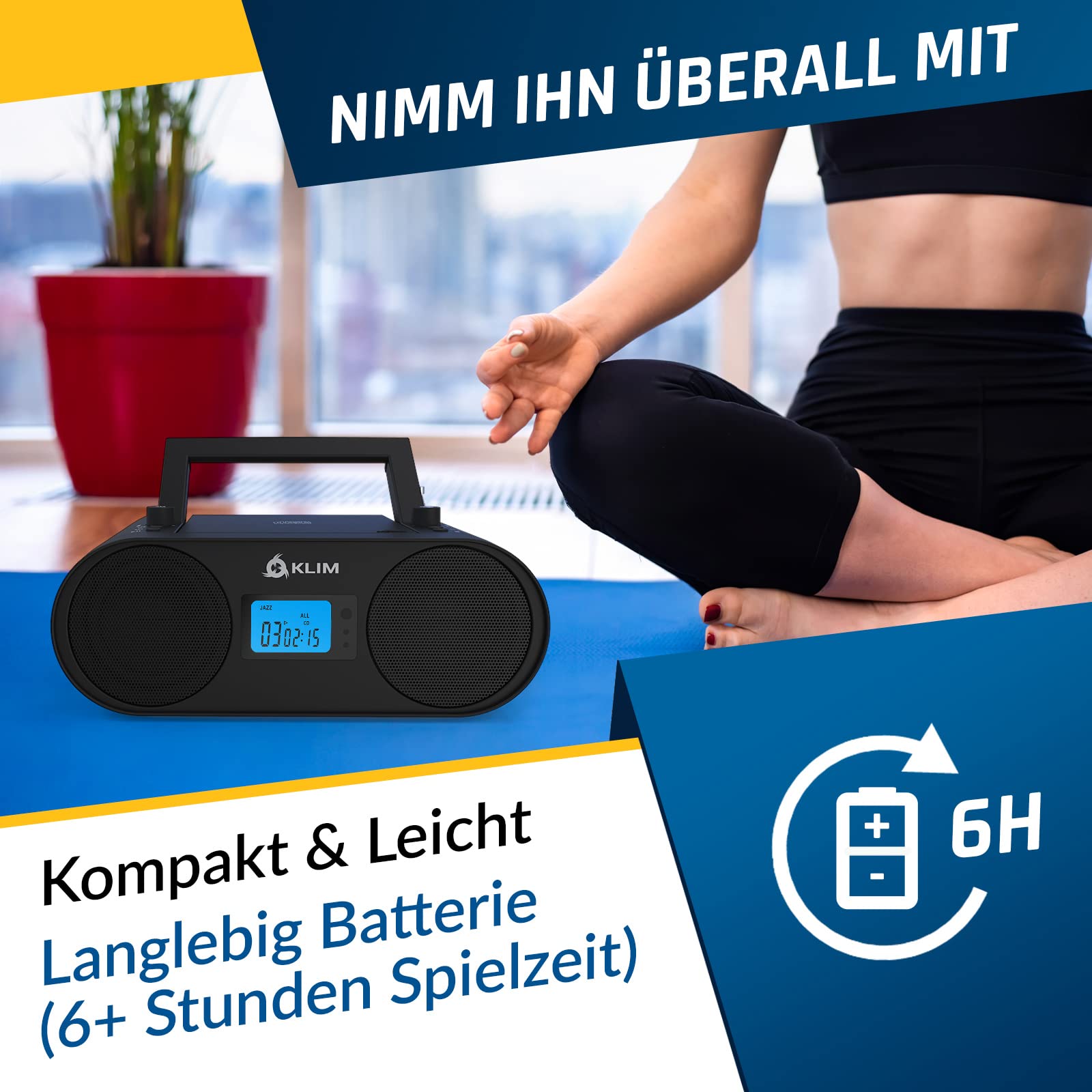 KLIM Boombox B4 Radio mit CD Player + AM/FM Radio, MP3, Bluetooth, AUX, USB tragbar mit kabellosem Modus und aufladbaren Akku + Mit Fernbedienung, Autosleep, Digital EQ