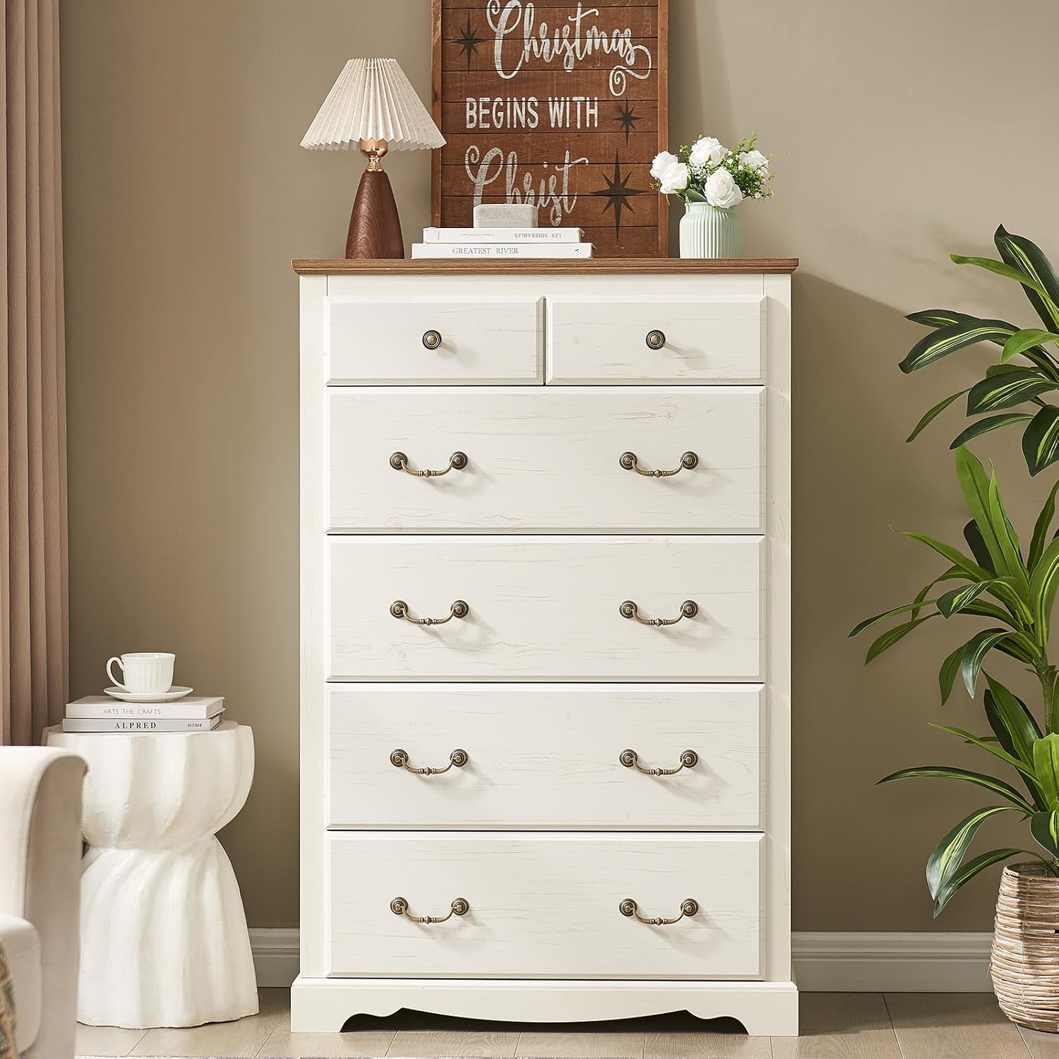 AMERLIFE Farmhouse 6 Drawers Dresser for Bedroom, Wood Antique Chest of Drawers with Metal Handle, Tall Dresser Organizer for Hallway, Entryway, White+Barnwood