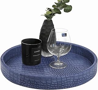 HofferRuffer Faux Leather Round Serving Tray, Vegan Croco Leather Decorative Tray, Food Tray for Storage Drinks, Snack & Cosmetics, Dia.12'' x 1.6'' (Blue)