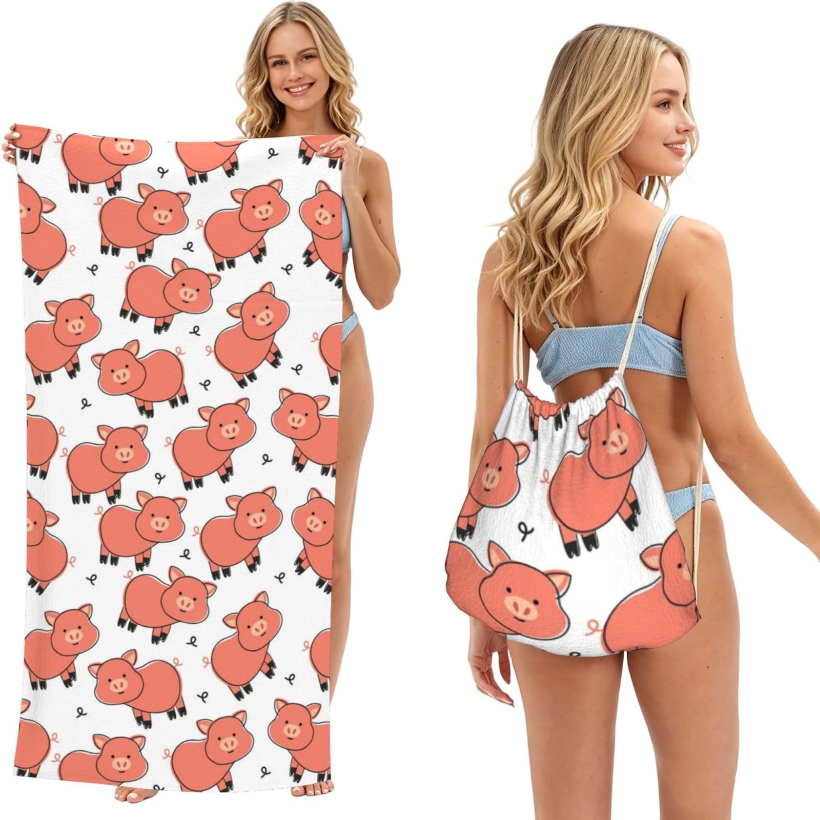 Poadnly As Picture Cute Cartoon Pig, 2 In 1 Packable Towel Bag, Beach Towels With Drawstring Backpack For Travel Holiday Camping