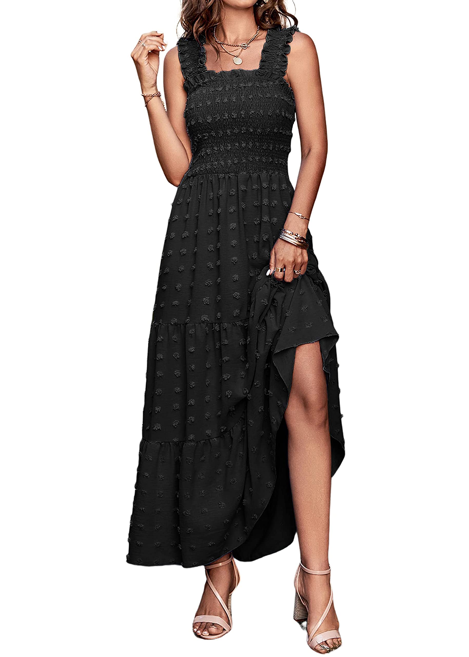 MASCOMODA Womens Boho Sleeveless Smocked Maxi Dress Solid Shoulder Strap Swiss Dot Tank A-Line Swing Party Tiered Sundress