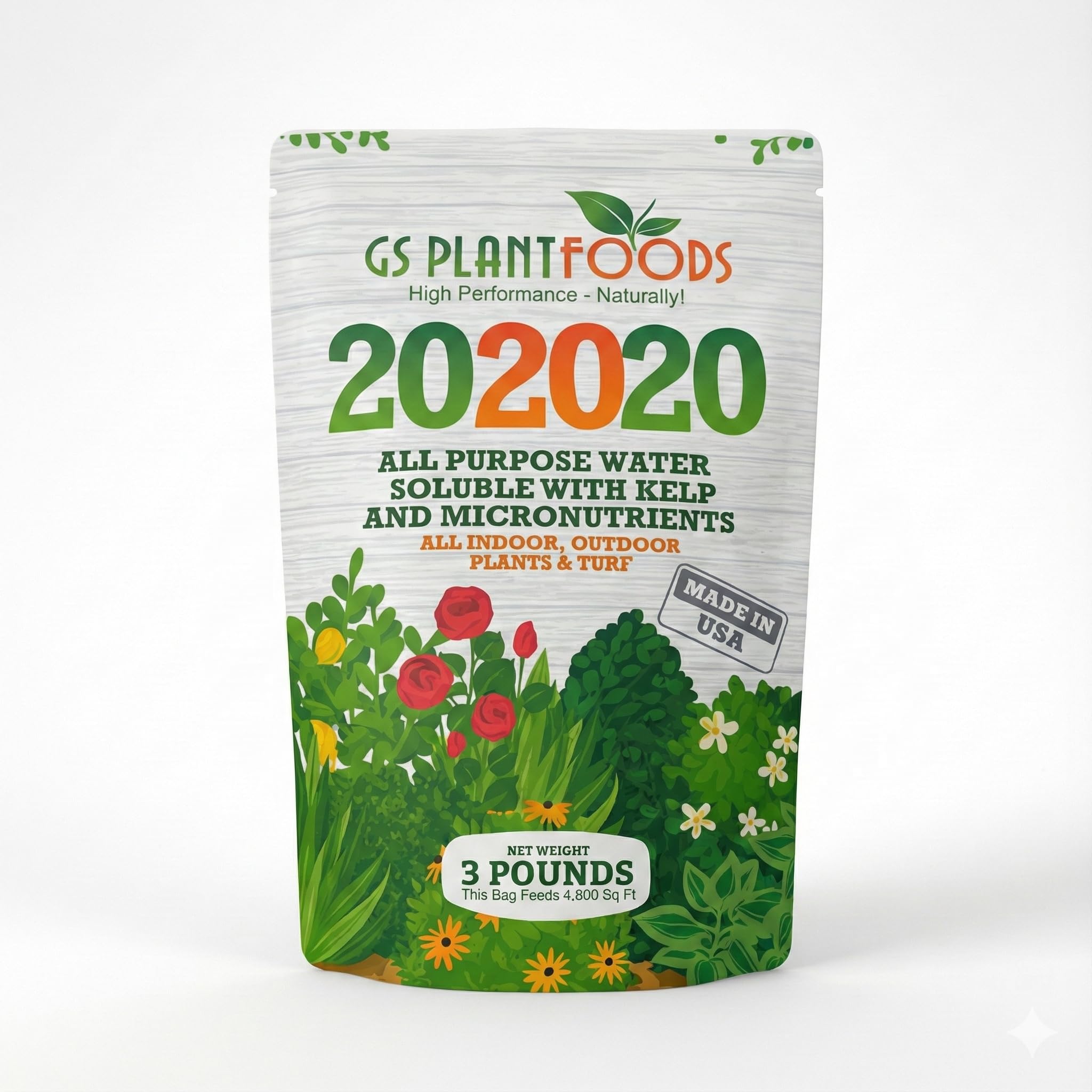 GS Plant Foods All Purpose Water Soluble 20-20-20 Fertilizer Balanced NPK Plant Food with Micronutrients, Contains Kelp (Ascophyllum nodosum) for Indoor & Outdoor Plants, Gardens & Turf (3 lbs)