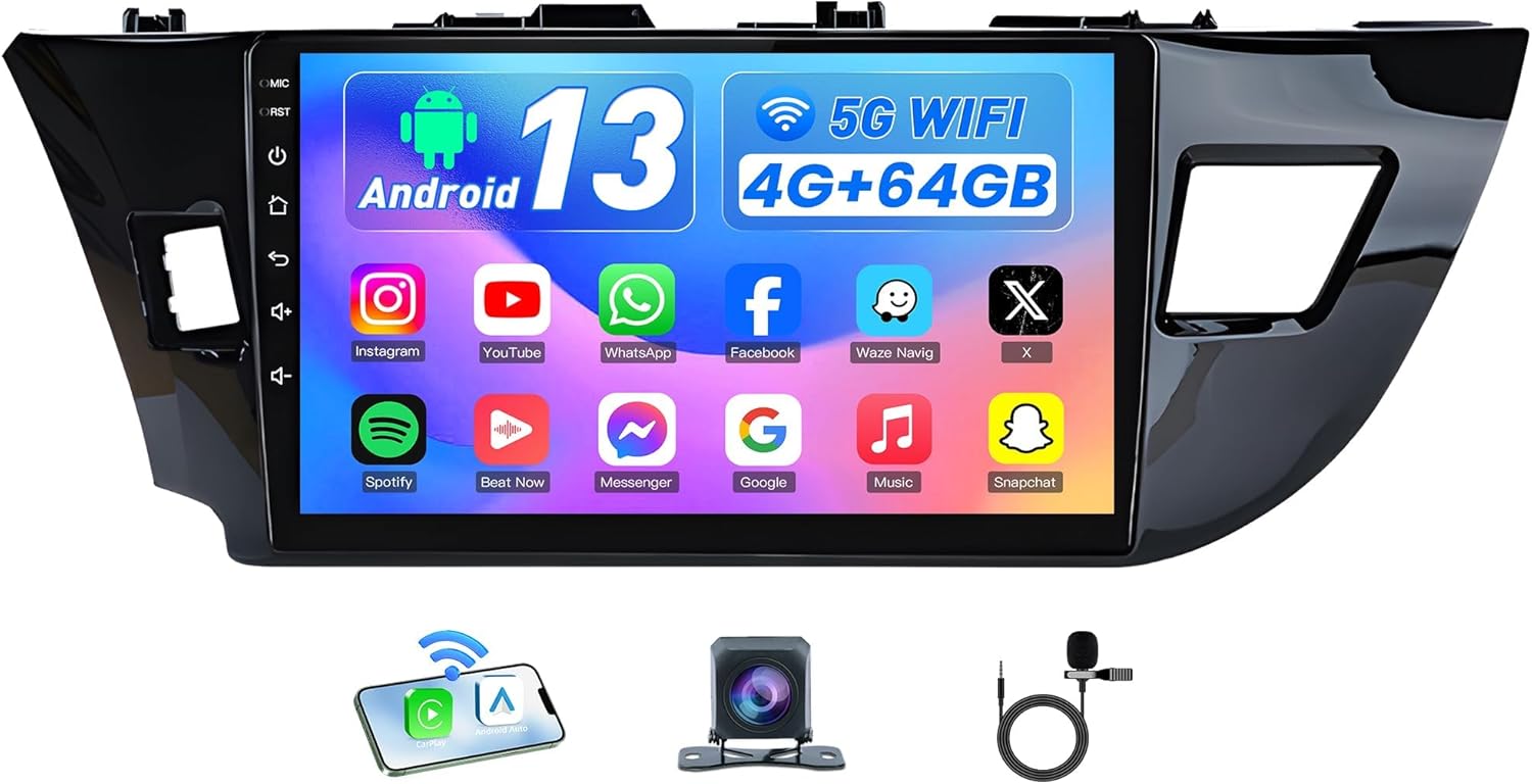 8 Core 4G RAM+64G ROM Car Radio for Toyota Corolla 2014 2015 2016: Android 13 Upgrade 5GWIFI Stereo with 1280 * 800 HD Touchscreen Head Unit Carplay/Android Auto Bluetooth 5.0 GPS RDS AM/FM SWC