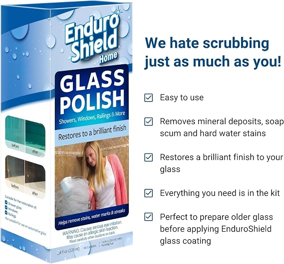 EnduroShield Shower Door Glass Polish & Hard Water Stain Remover 7.4 oz | Removes Hard Water Stains & Soap Scum | Restores Glass Clarity | Prepares Glass for Treatment