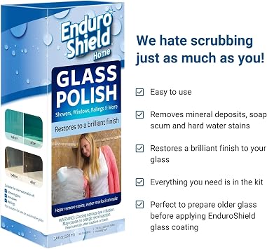 EnduroShield Shower Door Glass Polish & Hard Water Stain Remover 7.4 oz | Removes Hard Water Stains & Soap Scum | Restores Glass Clarity | Prepares Glass for Treatment