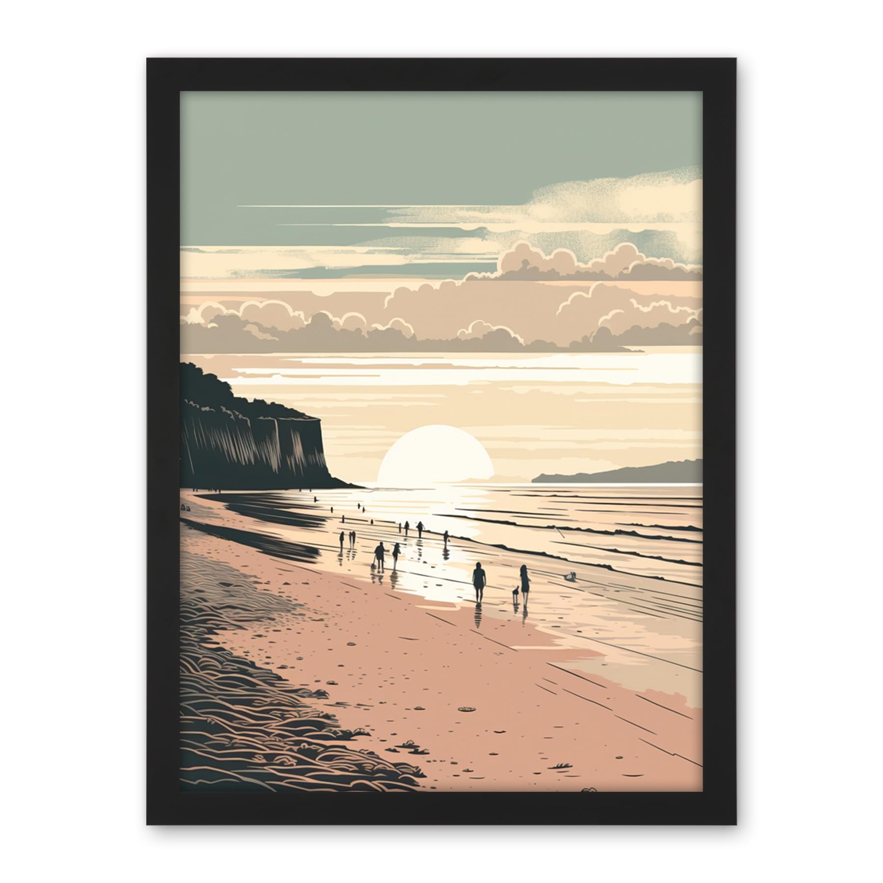 Artery8 Dog Walks on the Beach Sunset Coastal Landscape Artwork Framed Wall Art Print 18X24 Inch