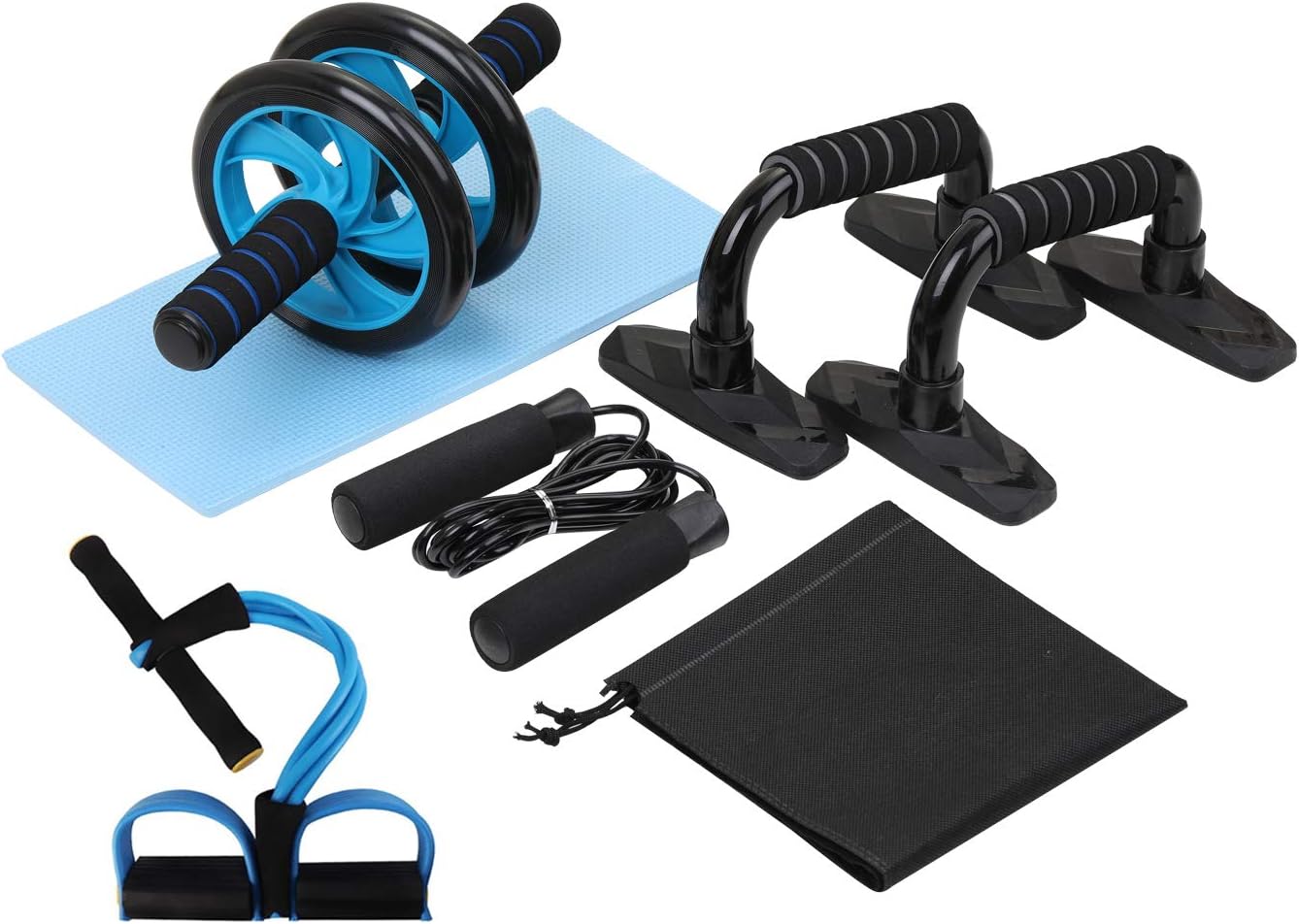 Explopur Fitness Equipment,5-in-1 AB Wheel Roller Kit Abdominal Press Wheel Pro with Push-UP Bar Jump Rope and Knee Pad Portable Equipment for Home Exercise Muscle Strength Fitness