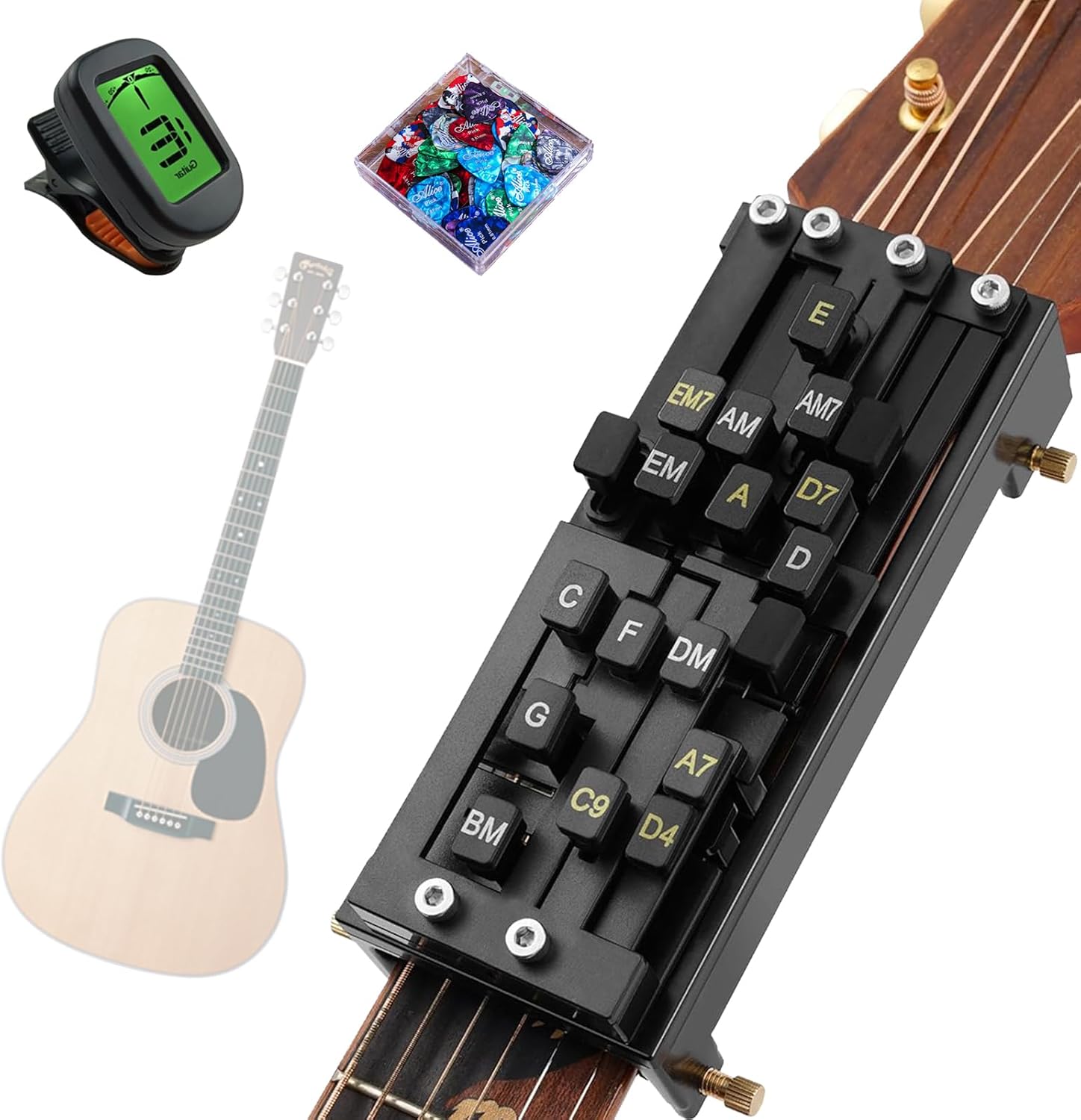 Acoustic Guitar Chord Presser for Acoustic with 15 Guitar Pick and a tuner, 15 Chords Presser for Guitar, Guitar Learning Aid Tool Accessories for Beginners Friends Gifts (New + guitar pick + tuner)