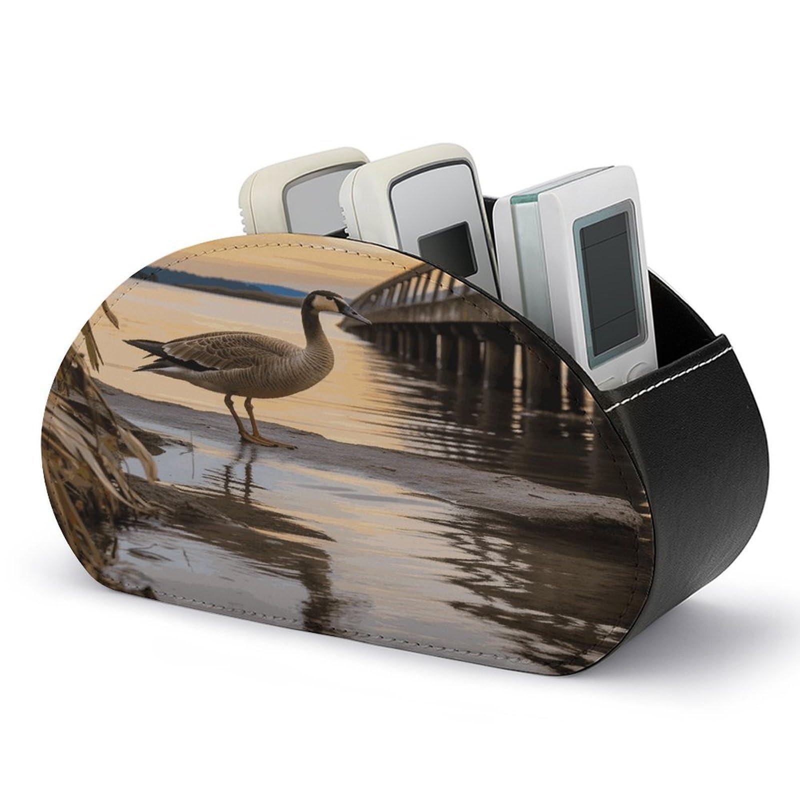 LZQPOEAS Wild Goose by The Bridge Remote Control Holder with 5 Compartments PU Leather Remote Organizer Box Caddy for Table Nightstand Remote Caddy Desktop Organizer Fits Media Controllers