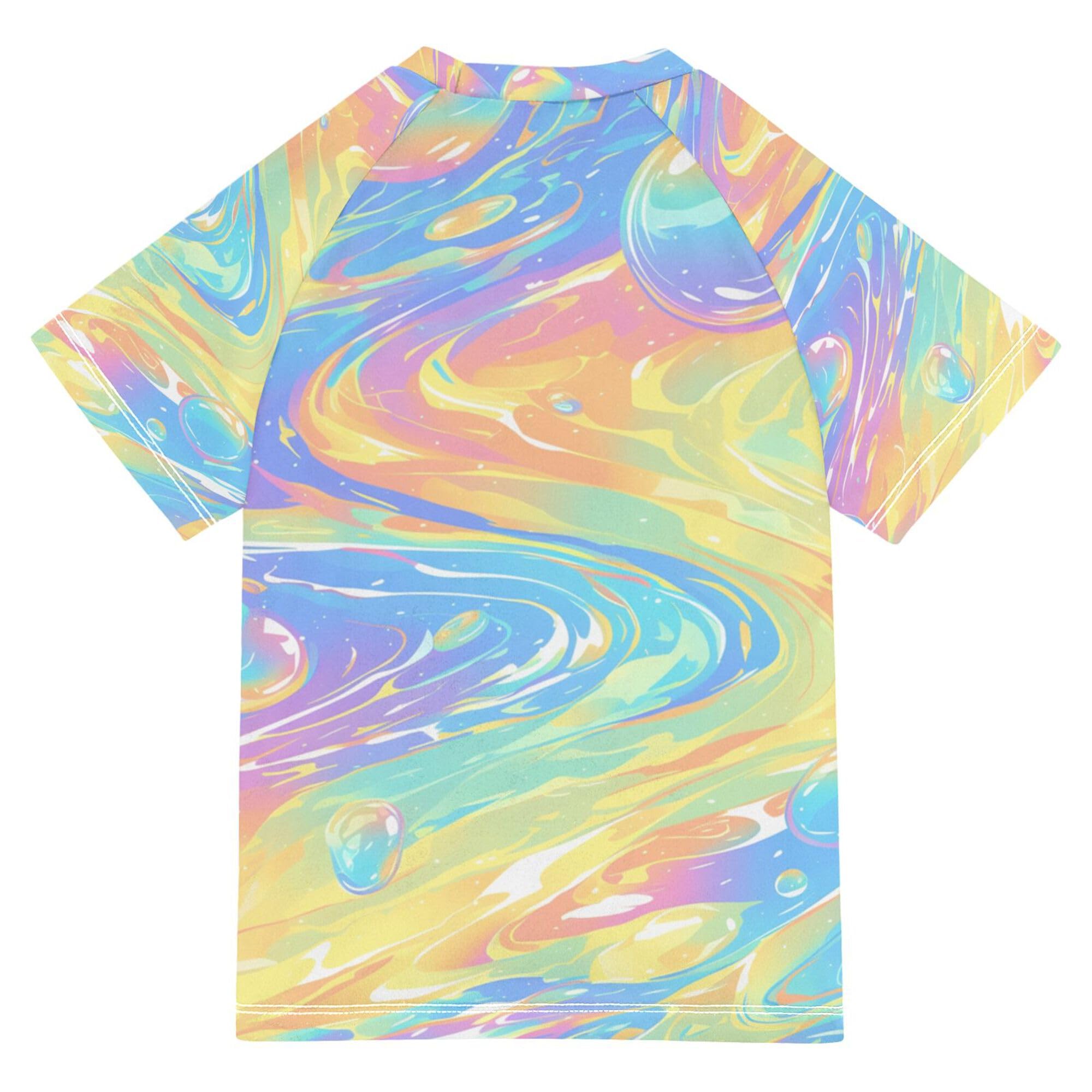 Rainbow Colorful Waves Fluid Girl Bathing Suit Sun Protection Girls Rashguard Swimwears Volleyball Shirts for Youth Boy 4T