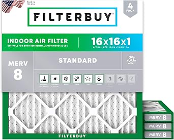 Filterbuy 16x16x1 Air Filter MERV 8 Essential Dust & Allergy Defense 4-Pack, Electrostatic Pleated HVAC AC Furnace Filters Replacement, Made in USA Actual Size 15.75 x 15.75 x 0.75