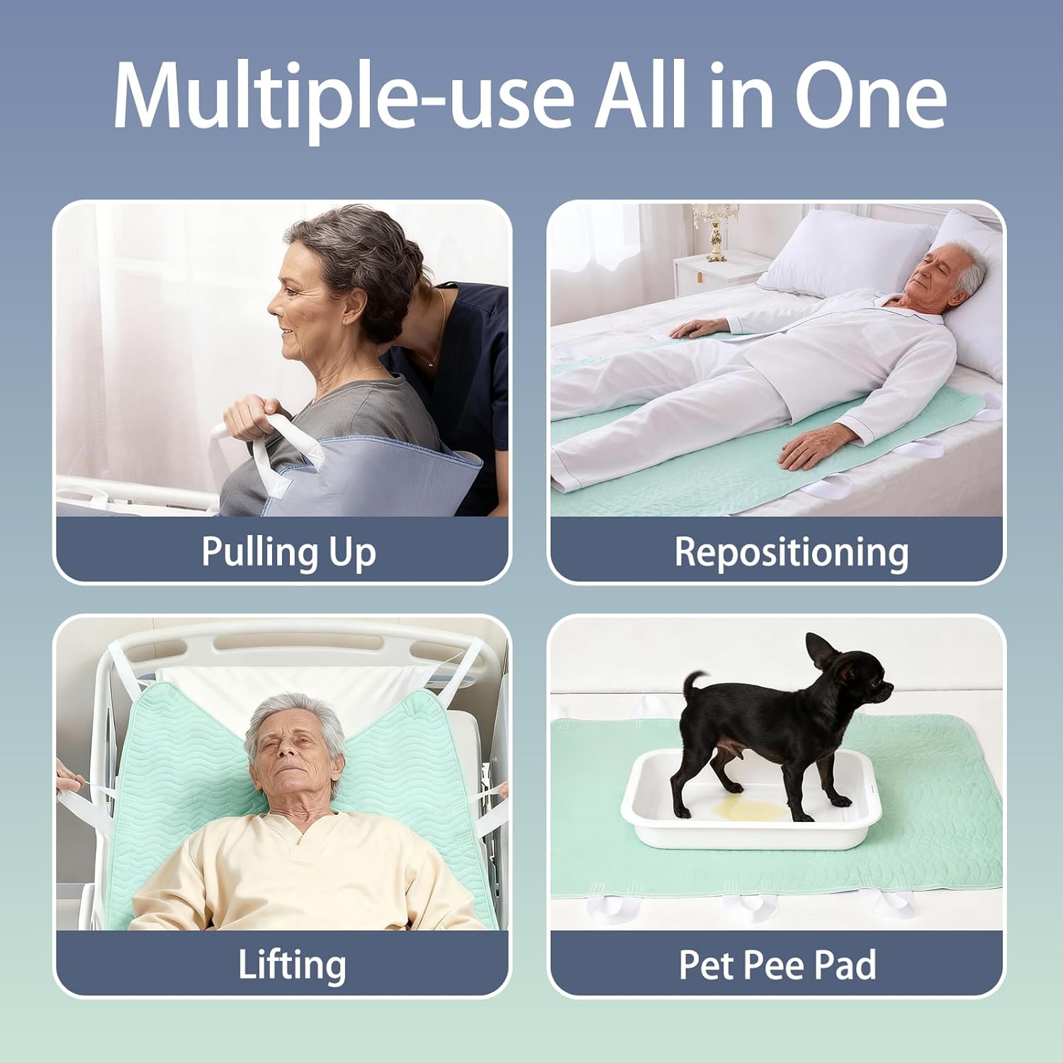 Reusable Positioning Bed Pads for Elderly Adults with 8 Handles 2 Pack 34”x52” -Absorbent Draw Sheet with Handles,Washable Waterproof Incontinence Under Pads for Transferring Moving,Pulling