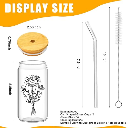 Miniatura 9 de Juego de 4 tazas de vidrio de café helado floral de 16 onzas con forma de lata con tapas de bambú y pajitas de vidrio estético para mujeres regalos