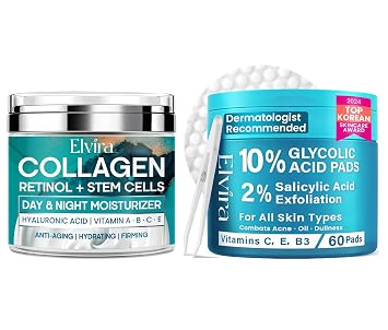 Elvira Face Moisturizer with Collagen, Retinol, Stem Cell & Hyaluronic Acid & Glycolic Acid Exfoliating Facial Pads