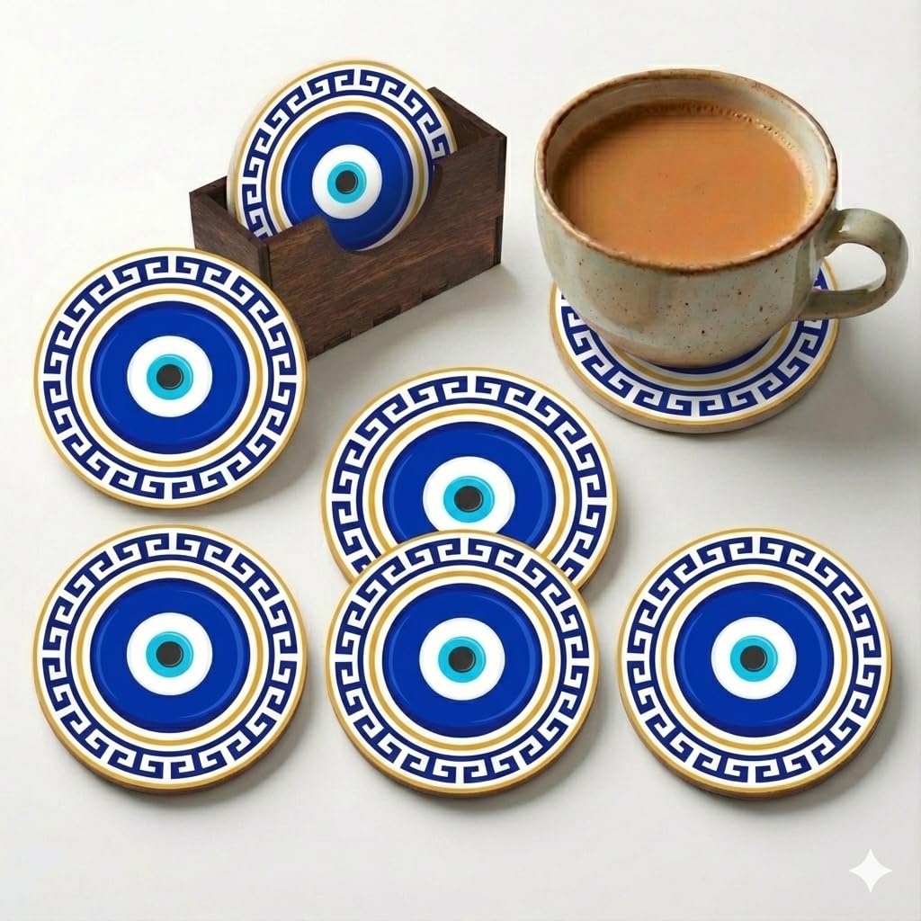Set of 6 Wooden Coasters with Proper Stand | Designer Coaster Set Fit for Tea Cups, Coffee Mugs and Glasses | Eco-Friendly | Evil Eye Protector (Round 3.5 X 3.5 Inch) (Evil Eye- 2)