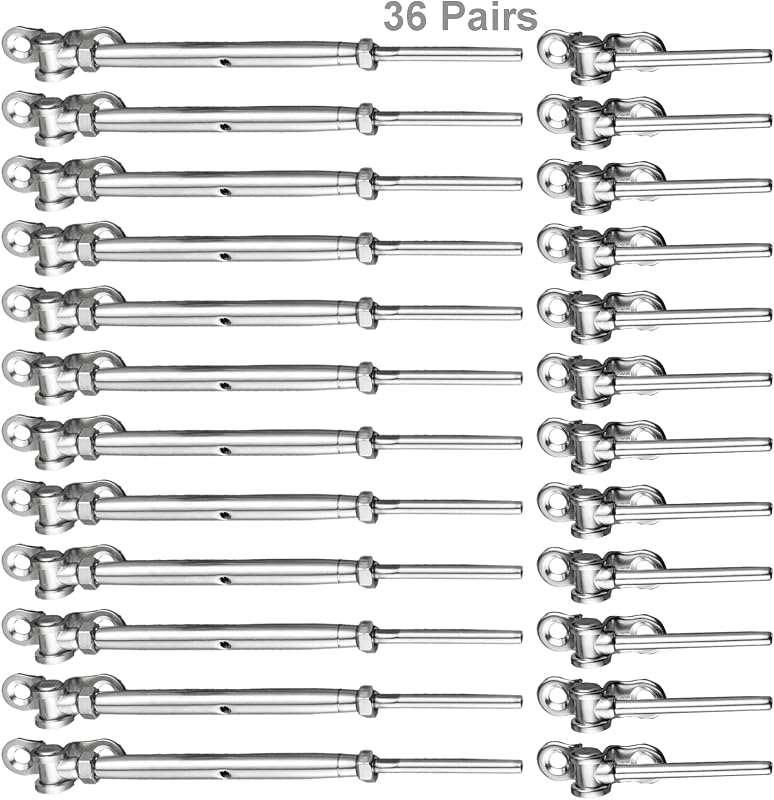 WAYSKA 36 pares de barandillas de cable de acero inoxidable T316 para cuerda de alambre de 1/8" | Ángulo de 180° ajustable, tensor de palanca y ajuste de extremo, hardware de barandilla de cable de grado marino para poste de madera