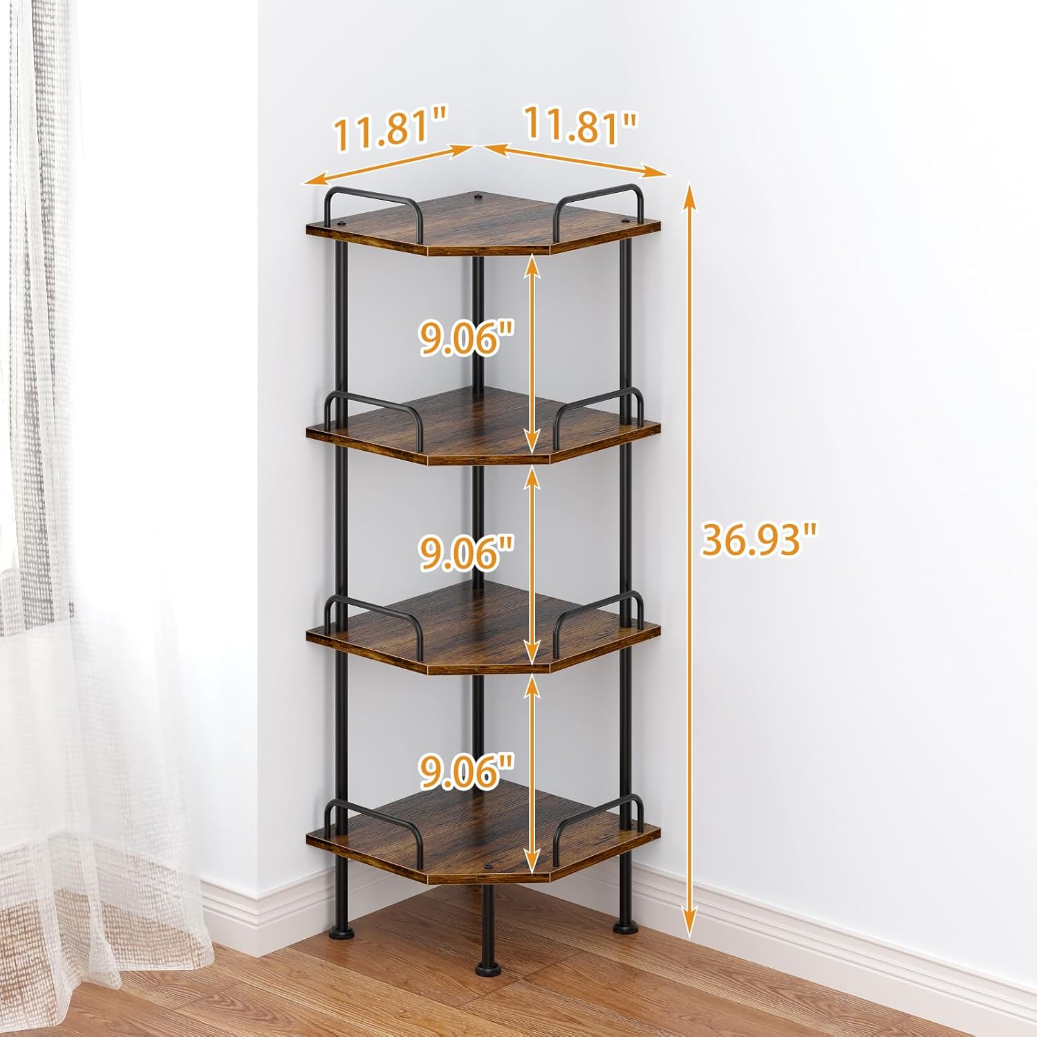 Corner Shelf Stand with Wheel 4-Tier Removable Corner Bookshelf Wood Storage Display Shelf for Bedroom Living Room