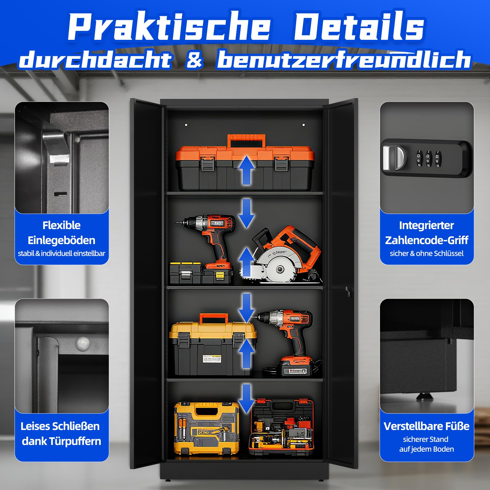 Metallschrank, Werkzeugschrank, Aktenschrank Abschließbar, Mehrzweckschrank mit Kombinationsschloss, Verstellbare Regale, Garage,Büro, Wohnzimmer, 180cm x 80cm x 40 cm, Schwarz