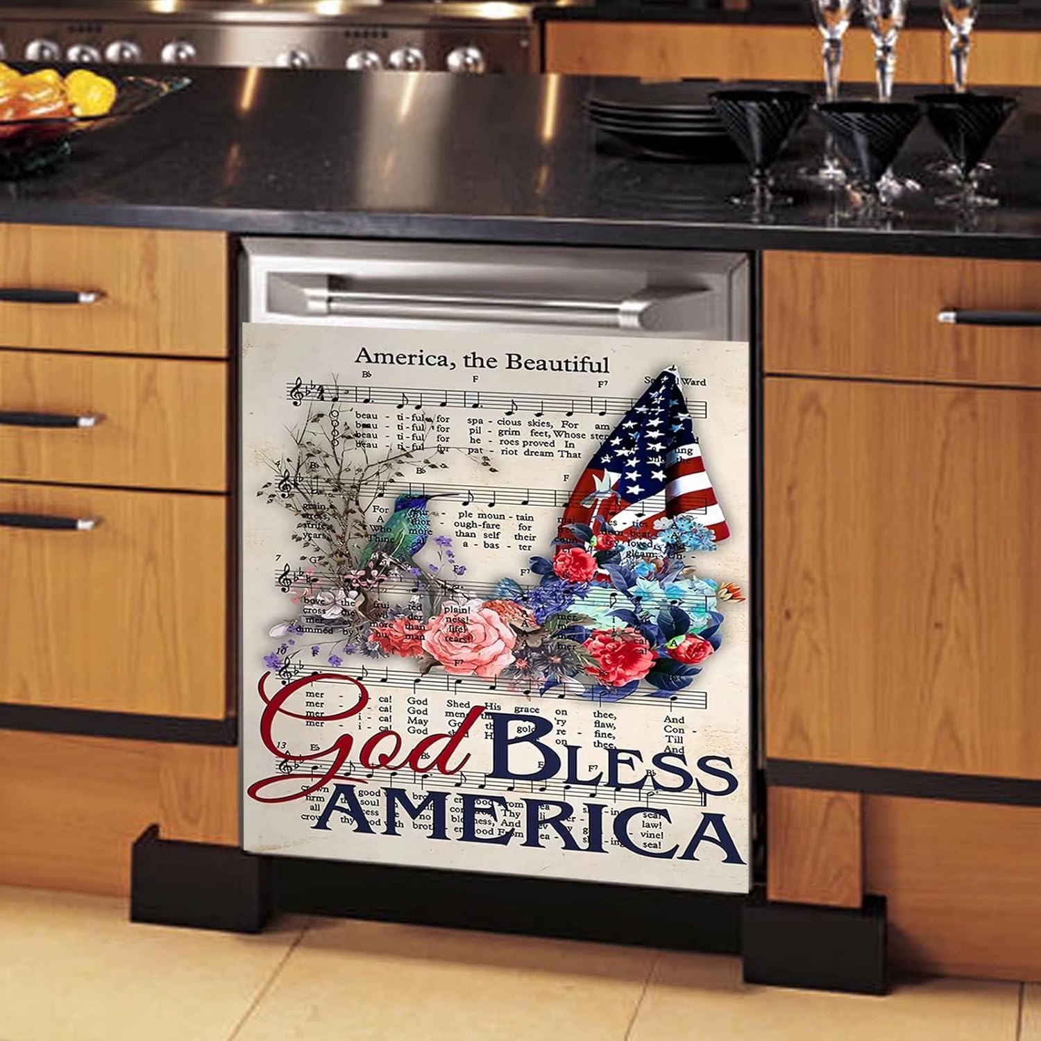 God Bless America Dishwasher Cover,Humming Bird Dishwasher Magnet for Front Decorative,Music Score Refrigerator Cover Magnetic Dishwasher Decal American Flag Appliance Fridge Sticker 23"x17"