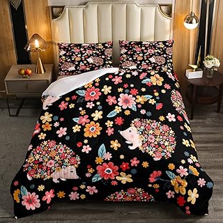 Erosebridal Cute Hedgehog Comforter Set Twin for Kids Boys Cartoon Hedgehog Bedding 2 Piece Groovy Floral Print Bedding Comforter Sets Rustic Farmstyle Flowers Duvet Insert Kawaii Hedgehog Quilt