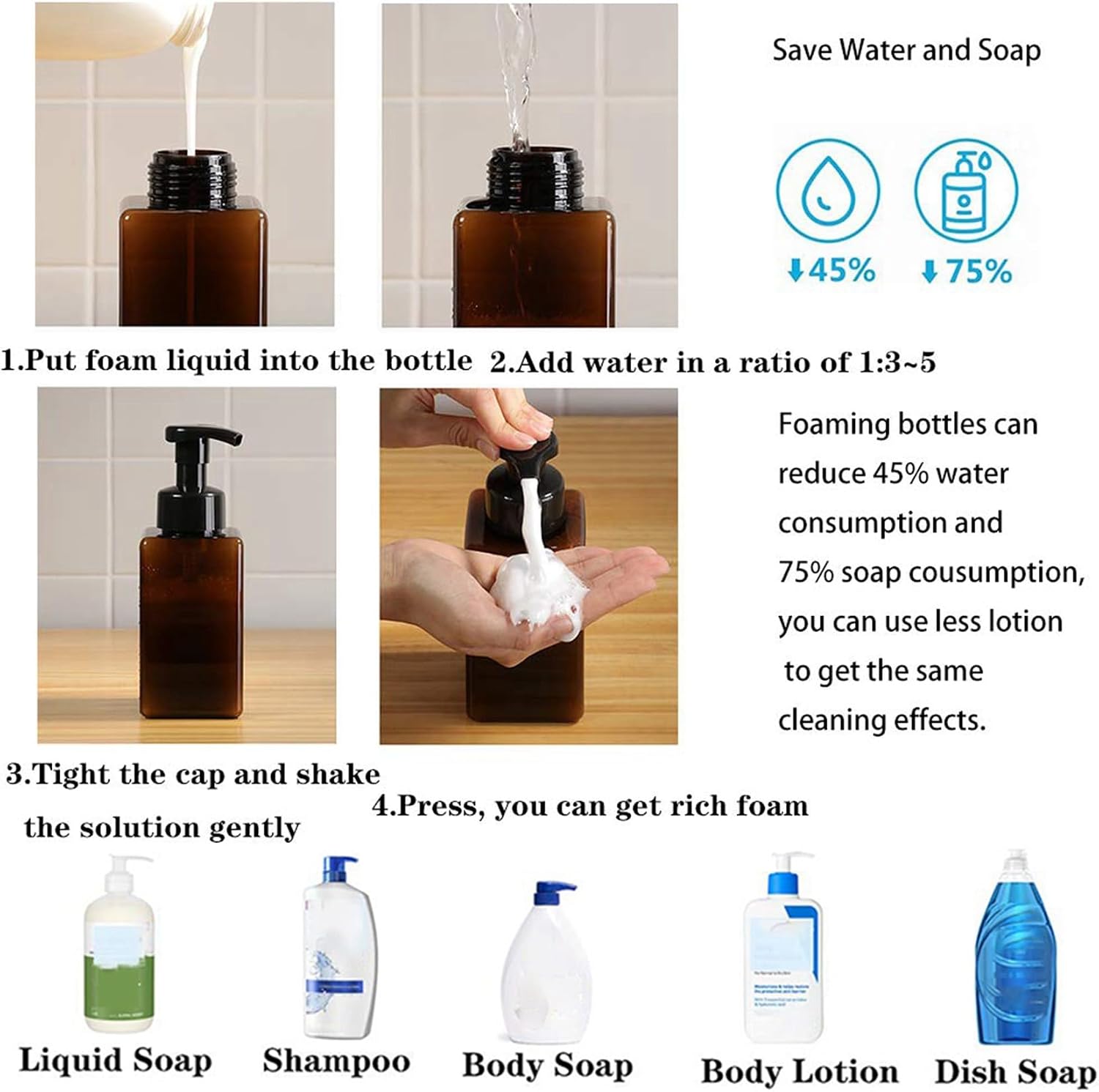 10 Pack Foaming Soap Dispenser 15Oz Refillable Foam Liquid Hand Soap Empty Plastic Pump Bottle Container - Brown 450Ml