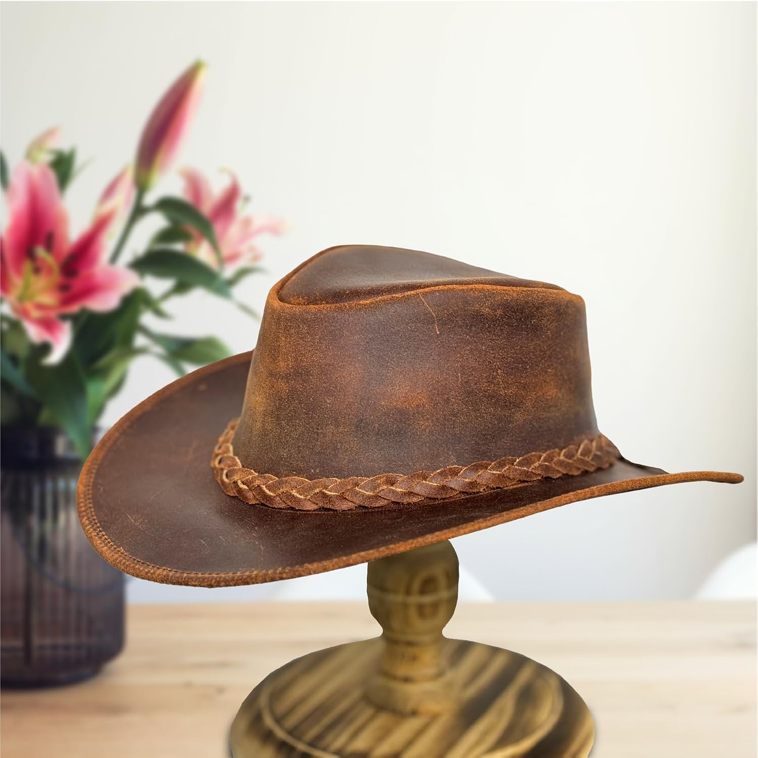 Vintage Gunner Leather Cowboy Hat for Men & Women – Handmade Western Outback Hat with Braided Band, Shapeable Brim