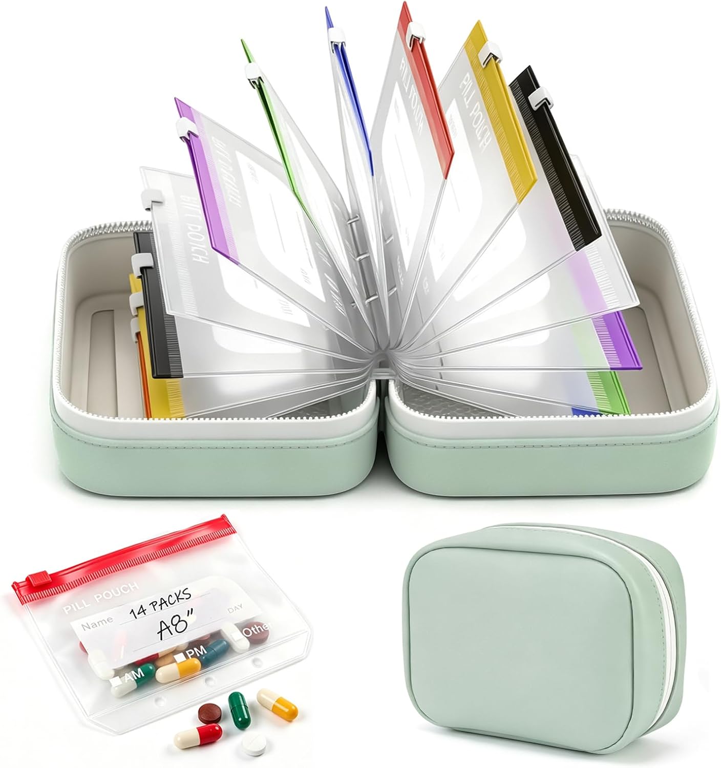 A8 Waterproof Pill Pouch Set-14pc Bags Inside,Pill Organizer Set for Travel