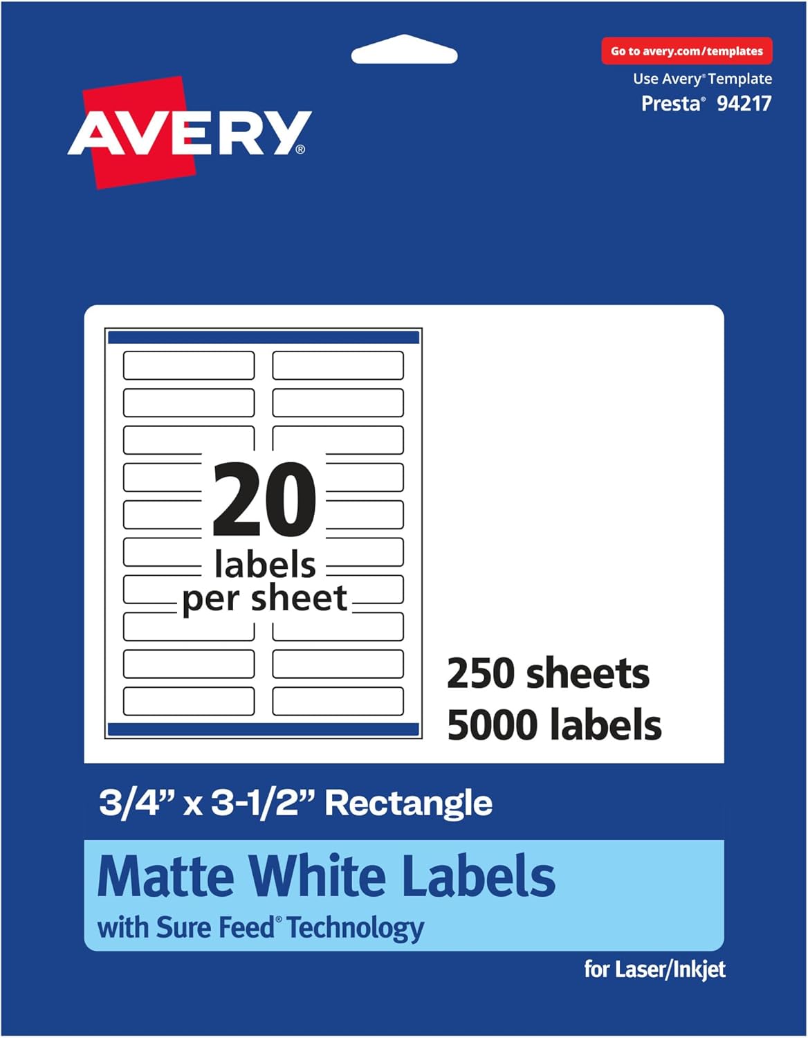 Avery Matte White Rectangle Labels, Sure Feed Technology, 0.75" x 3.5", 1,000 Matte White Printable Labels