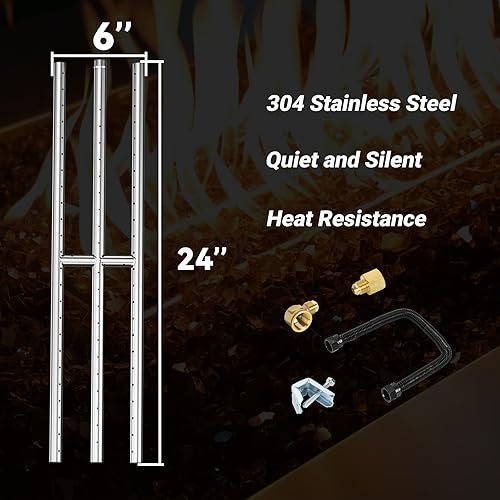 Miniatura 2 de Skyflame Chimenea rectangular de gas de 24 x 6 pulgadas y quemador H con 3 tubos, acero inoxidable 304, para uso en interiores y exteriores